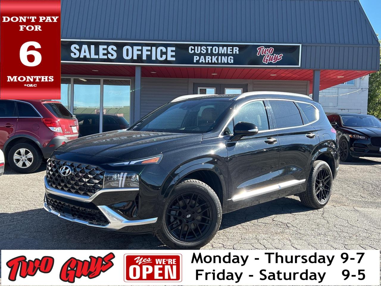 2022 Hyundai Santa Fe Ultimate Twilight Black

*NEW TIRES*, *REMOTE START*, *LEATHER*, *PANORAMIC ROOF*, *NAVIGATION*, *TWO TONE LEATHER*, *HEATED STEEERING WHEEL*, *HEATED REAR SEATS*, *MEMORY SEAT*, *FOLD MIRRORS*, *LANE DEPART*, *BLACK SUEDE HEADLINER*, *SUNSHADES*, *MINOR CARFAX CALL FOR DETAILS*, *AUTO PARK*, AWD, Coquina Beige Leather, ABS brakes, Apple CarPlay & Android Auto, Auto High-beam Headlights, Auto-dimming Rear-View mirror, Brake assist, Front dual zone A/C, Fully automatic headlights, Garage door transmitter: HomeLink, Heads-Up Display, Heated & Ventilated Front Bucket Seats, Heated steering wheel, Low tire pressure warning, Power Liftgate, Radio: AM/FM/MP3/SiriusXM/HD Radio/VR Premium Audio, Remote keyless entry, Speed control, Speed-sensing steering, Turn signal indicator mirrors, Wheels: 20 x 8.5J Alloy.


2.5L I4 AWD Shiftronic
Odometer is 13689 kilometers below market average!

Please reach out with any inquires and our sales team will be in touch. Six months NO payment loans are also available OAC* Our vehicles come standard with one key. If receive a secondary key, from the previous owner, it will be included. If you require an additional key we can purchase on your behalf during the sales process. Your safety is our top priority; we are following Municipal masking guidelines and have sanitation protocols in place. If you require any additional safeguards please reach out to our team.


Almost 20,000 Customers Served at Two Guys! Serving Niagara for over 30 years we are a true local family business. Longstanding members of UCDA & OMVIC. We also operate to the public a full SERVICE automobile garage with 5 class A mechanics. Please reach out to (905)684-7215 with any vehicle service needs. We also offer full detailing services. Please visit Two Guys Service Garage at 258 Bunting Road, St. Catharines. Two Guys customers receive our preferred labour rates!