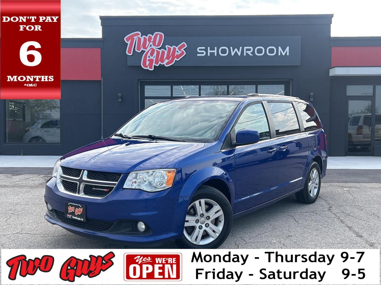 2020 Dodge Grand Caravan Crew Indigo Blue Clearcoat

*NAVIGATION*, *BACK-UP CAMERA*, *CLEAN CARFAX REPORT*, *MARKET VALUE PRICING*, *HEATED LEATHER*, *KEYLESS ENTRY*, *POWER DRIVER SEAT*, *POWER WINDOWS*, 115-Volt Auxiliary Power Outlet, 17" x 6.5" Painted Aluminum Wheels, 6.5" Touchscreen, ABS brakes, Auto-Dimming Rear-View Mirror, Brake assist, Front dual zone A/C, Garmin Navigation, Low tire pressure warning, Occupant sensing airbag, Overhead Ambient Surround Lighting, ParkView Rear Back-Up Camera, Quick Order Package 29L, Traction control, Universal Garage Door Opener.


Pentastar 3.6L V6 VVT FWD 6-Speed Automatic


Please reach out with any inquires and our sales team will be in touch. Six months NO payment loans are also available OAC* Our vehicles come standard with one key. If receive a secondary key, from the previous owner, it will be included. If you require an additional key we can purchase on your behalf during the sales process. Your safety is our top priority; we are following Municipal masking guidelines and have sanitation protocols in place. If you require any additional safeguards please reach out to our team.


Almost 20,000 Customers Served at Two Guys! Serving Niagara for over 30 years we are a true local family business. Longstanding members of UCDA & OMVIC. We also operate to the public a full SERVICE automobile garage with 5 class A mechanics. Please reach out to (905)684-7215 with any vehicle service needs. We also offer full detailing services. Please visit Two Guys Service Garage at 258 Bunting Road, St. Catharines. Two Guys customers receive our preferred labour rates!