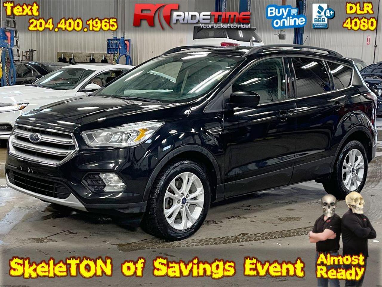MyFord Touch, Bluetooth, Back-Up Camera, Cruise Control, Heated Front Seats, Power Seats, 4WD, Dual Exhaust, 17 Alloy Wheels, 3 Free Months of Sirius Satellite Radio w/ Purchase, 10-Way Power Drivers Seat, 9 Speakers, Black Roof Side Rails, CD player, Equipment Group 201A, Exterior Parking Camera Rear, Front dual zone A/C, Fully automatic headlights, Halogen Projector Headlamps, Heated door mirrors, Power One-Touch Up/Down Front/Rear Windows, Reverse Sensing System, SE Convenience Package, Steering wheel mounted audio controls, SYNC 3 Communications & Entertainment System, SYNC Connect, Wheels: 17 Sparkle-Painted Aluminum.  2017 Ford Escape SE 4WD 6-Speed Automatic 1.5L EcoBoost Shadow Black  Hello, Spook-Seekers and Thrill-Hunters!  Ready to banish the demons of overpriced rides? Welcome to the underworld of deals at Ride Times SkeleTON of Savings extravaganza this All Hallows Eve. Weve cracked open our tomb of treasure to offer you rides that wont have you trading your soulor your savings.  Unfurl the map to our ghoulishly curated selection of 100+ spectral ridesmost all buried under the $30,000 price tag. Whether youre zipping to a seance or your next seminar, weve got the iron steed to meet your needs. Haunted by financial worries? Our coven of 15+ premium lenders ensures your loan process will be smoother than a vampires pickup line.  Slumber soundly, for each phantom-mobile on our lot has been resurrected through a stringent Manitoba Spiriterr, SafetyInspection. They also come with a Crystal Ball, or as mortals call it, a CarFax report, as transparent as a ghostly apparition. Enlist in our arcane Oil 4 Eternity Program and conjure up to $200 in annual savings.  We know your time is as precious as a goblins gold, so weve hexed our online portals to make your purchase and financing experience spellbindingly simple. Our undead customer service team is lurking in the shadows 24/7. Text us your quandaries at 204-400-1965 or summon us via the spirit realmor Facebook Messengerathttps://m.me/ridetime.  Rev those chainsawsor, more sensibly, your enginesand cartwheel into scholarly victory with a chariot from Ride Times SkeleTON of Savings bonanza. Dig up your deal in our shadowy domain or shop from your laireither way, savings will be your treat, no tricks attached!  Until the Witching Hour, Dealer 4080Where your fantasy ride is just a cauldron stir away.