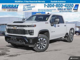 Four Wheel Drive, Cloth Seats, Power Accessories, Rearview Camera, Android Auto, Rear Seat Reminder  Get behind the wheel of our 2024 Chevrolet Silverado 2500 Custom Crew Cab 4X4 that is ready to rise to your next challenge in Summit White! Powered by a 6.6 Litre V8 generating 401hp for a 10 Speed Allison Automatic transmission tuned for tough jobs. This Four Wheel Drive truck is also easy to handle with help from a 2-speed transfer case and auto-locking rear differential. Radiating assertive confidence, our Silverado boasts 20-inch alloy wheels, black recovery hooks, power trailering mirrors, cargo-bed lighting, a trailer hitch, and a locking tailgate.  Once inside, Chevrolets truck experts helped design our Custom cabin to meet your needs with supportive cloth seats, a tilt-adjustable steering wheel, single-zone climate control, power accessories, cruise control, and a handy 12V power outlet. Digital functionality comes into play with a 7-inch touchscreen, wireless Android Auto/Apple CarPlay, Bluetooth, WiFi compatibility, and a six-speaker audio system with SiriusXM compatibility.  For safetys sake, Chevrolet supplies an HD rearview camera, automatic braking, forward collision alert, a following distance indicator, hitch guidance, a rear seat reminder, Stabilitrak stability/traction control, trailer sway control, hill start assistance, and other advanced features. Its no wonder our Silverado 2500 Custom satisfies so many owners! Save this Page and Call for Availability. We Know You Will Enjoy Your Test Drive Towards Ownership! View a CarFax Vehicle Report instantly at MurrayChevrolet.ca. : Questions? Call or text us at 204-800-4220 or call us toll-free at 1-888-381-7025. Dealer Permit #1740