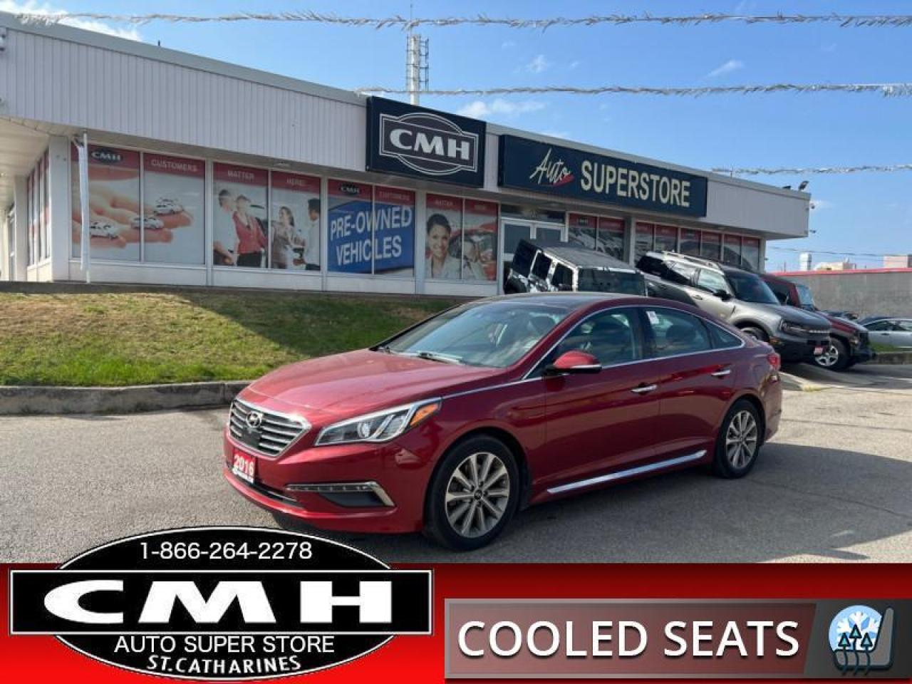 <b>LOADED !! NAVIGATION, REAR CAMERA, BLIND SPOT, LANE DEPARTURE, ADAPTIVE CRUISE CONTROL, BLUETOOTH, PANORAMIC SUNROOF, LEATHER, POWER DRIVER SEAT WITH MEMORY, HEATED SEATS, HEATED STEERING WHEEL, COOLED SEATS, DUAL CLIMATE CONTROL, 17-INCH ALLOY WHEELS</b><br>      This  2016 Hyundai Sonata is for sale today. <br> <br>This Hyundai Sonata defines its competitive segment. Its a contemporary family car that gives you everything you could ask of a midsize sedan. The smooth ride keeps everyone comfortable and the excellent fuel economy lets you keep going without too many trips to the pump. This Sonatas excellent safety rating lets you drive with confidence. From your commute to your weekend road trip to everything in between, this Hyundai Sonata delivers where it counts. This low mileage  sedan has just 74,759 kms. Its  red in colour  . It has an automatic transmission and is powered by a  185HP 2.4L 4 Cylinder Engine. <br> <br> Our Sonatas trim level is Limited. Treat yourself to the Limited trim for a luxurious experience. Step into refinement with leather seats, nine-speaker Infinity premium audio, navigation, Bluetooth, a panoramic sunroof, and much more. Safety features include blind spot detection, lane change assist, rear cross-traffic alert, rear parking sensors, a backup camera, and even autonomous emergency braking. Bi-xenon HID headlights and adaptive cruise control make the drive that much more luxurious.<br> <br>To apply right now for financing use this link : <a href=https://www.cmhniagara.com/financing/ target=_blank>https://www.cmhniagara.com/financing/</a><br><br> <br/><br>Trade-ins are welcome! Financing available OAC ! Price INCLUDES a valid safety certificate! Price INCLUDES a 60-day limited warranty on all vehicles except classic or vintage cars. CMH is a Full Disclosure dealer with no hidden fees. We are a family-owned and operated business for over 30 years! o~o