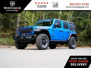 <br> <br>  A product of tireless innovation and timeless style, this 2024 Wrangler exhilarates with toughness, reliability, and proven capability. <br> <br>No matter where your next adventure takes you, this Jeep Wrangler is ready for the challenge. With advanced traction and handling capability, sophisticated safety features and ample ground clearance, the Wrangler is designed to climb up and crawl over the toughest terrain. Inside the cabin of this Wrangler offers supportive seats and comes loaded with the technology you expect while staying loyal to the style and design youve come to know and love.<br> <br> This hydro blue pearl SUV  has a 6 speed manual transmission and is powered by a  285HP 3.6L V6 Cylinder Engine.<br> <br> Our Wranglers trim level is Rubicon. Stepping up to this Wrangler Rubicon rewards you with incredible off-roading capability, thanks to heavy duty suspension, class II towing equipment that includes a hitch and trailer sway control, front active and rear anti-roll bars, upfitter switches, locking front and rear differentials, and skid plates for undercarriage protection. Interior features include an 8-speaker Alpine audio system, voice-activated dual zone climate control, front and rear cupholders, and a 12.3-inch infotainment system with smartphone integration and mobile internet hotspot access. Additional features include cruise control, a leatherette-wrapped steering wheel, proximity keyless entry, and even more. This vehicle has been upgraded with the following features: Heavy Duty Suspension,  Climate Control,  Wi-fi Hotspot,  Tow Equipment,  Fog Lamps,  Cruise Control,  Rear Camera. <br><br> <br/>    Incentives expire 2024-04-30.  See dealer for details. <br> <br>New Vehicle purchases at White Rock Dodge ( DL# 40754) are subject to Fees Totaling $899 Documentation (Government Levies - as per FCA Canada) plus $500 finance placement fee and All Applicable Taxes. <br><br>Our history of continued excellence is backed by putting your interests at the forefront to help you find the vehicle you need. Were conveniently located at 3050 King George Blvd in Surrey. Our team of automotive experts look forward to meeting and serving you! DL# 40754 o~o