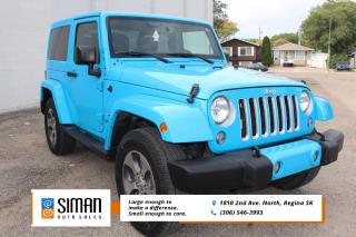<p><strong>CLEARANCE PRICED SAHARA EDITION</strong></p>

<p>Our Jeep Wrangler Sahara edition has been through a <strong>presale inspection fresh full synthetic oil service. New Tires all around. New Rear Brakes. new rear wheel bearings, Carfax reports Saskatchewan vehicle with no collisions. Financing Available on site Trades Encouraged. Aftermarket warranties available to fit every need and budget</strong>. For the 2017 Wrangler, Jeep has added new optional LED headlights and foglights, as well as a Cold Weather package that includes remote start, heated seats and all-weather floor mats. Of all the new vehicles on sale for 2017 youd be hard-pressed to find one thats more of a throwback than the 2017 Jeep Wrangler. It adheres to its original design more than probably anything else on the road, and for Jeep purists, thats just the way they like it. This Wrangler is a two off-road-friendly SUV that makes very few compromises for comfort. Sure, it can connect your iPhone via Bluetooth or tune you into satellite radio if you please, but the Wranglers main mission in life is to get you places that standard crossovers or SUVs just cant go. It has undeniable charm and is one of the few vehicles left that wont nickel and dime you with creature comforts you might not want. It also holds its value surprisingly well, even many years later. Every 2017 Wrangler comes standard with antilock brakes, traction and stability control, and front airbags. Power Convenience Group adds power windows and locks, keyless entry, heated power mirrors, a security alarm and an auto-dimming mirror. The Cold Weather package adds the Power Convenience Groups equipment plus remote start and heated seats. The Sahara adds the Power Convenience Group items, 18-inch alloy wheels, automatic LED headlights, LED foglights, additional painted exterior body panels and trim, hood insulation for reduced noise, air-conditioning, a leather-wrapped steering wheel and satellite radio.</p>

<p><span style=color:#2980b9><strong>Siman Auto Sales is large enough to make a difference but small enough to care. We are family owned and operated, and have been proudly serving Saskatchewan car buyers since 1998. We offer on site financing, consignment, automotive repair and over 90 preowned vehicles to choose from.</strong></span></p>