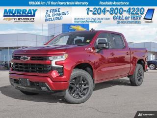 Four Wheel Drive, Heated Seats, Remote Start, Apple CarPlay, Rearview Camera, Heated Steering, Bluetooth, Tonneau Cover  Enhance your journey in our 2024 Chevrolet Silverado 1500 RST Crew Cab 4X4 that is here to show off in Radiant Red Tintcoat! Powered by a 5.3 Litre V8 generating 355hp to an 8 Speed Automatic transmission for street-savvy performance. This Four Wheel Drive truck is also ready for adventures with an auto-locking rear differential and AutoTrac transfer case, and it sees approximately 11.8L/100km on the highway. Sophisticated Silverado styling is on display with high-intensity LED headlamps, fog lamps, alloy wheels, black recovery hooks, an EZ Lift power lock/release tailgate, a rear CornerStep bumper, cargo-bed lighting, heated power mirrors, durable bed liner, tonneau cover, and a trailer hitch with Hitch Guidance.  Once inside, our RST cabin can keep you comfortable and looking good with heated cloth front seats, 10-way power for the driver, a heated-wrapped steering wheel, dual-zone automatic climate control, cruise control, remote start, and keyless access/ignition. High-tech infotainment helps you connect with a 12-inch driver display, a 13.4-inch touchscreen, wireless Android Auto/Apple CarPlay, Google Built-In, voice control, WiFi compatibility, Bluetooth, and a six-speaker sound system.  Chevrolet promotes peace of mind with intelligent features like forward collision warning, automatic braking, an HD rearview camera, lane-keeping assistance, and more. Now check out our Silverado RST for yourself and take charge of your world! Save this Page and Call for Availability. We Know You Will Enjoy Your Test Drive Towards Ownership! View a CarFax Vehicle Report instantly at MurrayChevrolet.ca. : Questions? Call or text us at 204-800-4220 or call us toll-free at 1-888-381-7025. Dealer Permit #1740