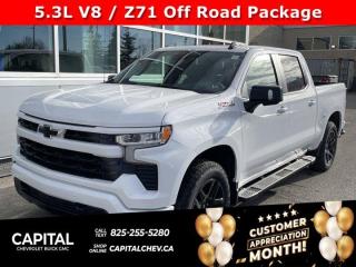 This Chevrolet Silverado 1500 delivers a Gas V8 5.3L/325 engine powering this Automatic transmission. Z71 OFF-ROAD PACKAGE includes (Z71) Off-Road suspension, (JHD) Hill Descent Control, (NZZ) skid plates and (K47) heavy-duty air filter Includes Z71 hard badge, (N10) dual exhaust and (NQH) 2-speed transfer case., ENGINE, 5.3L ECOTEC3 V8 (355 hp [265 kW] @ 5600 rpm, 383 lb-ft of torque [518 Nm] @ 4100 rpm); featuring available Dynamic Fuel Management that enables the engine to operate in 17 different patterns between 2 and 8 cylinders, depending on demand, to optimize power delivery and efficiency, Wireless Phone Projection for Apple CarPlay and Android Auto.* This Chevrolet Silverado 1500 Features the Following Options *Window, power front, passenger express down, Window, power front, drivers express up/down, Wi-Fi Hotspot capable (Terms and limitations apply. See onstar.ca or dealer for details.), Wheels, 18 x 8.5 (45.7 cm x 21.6 cm) Bright Silver painted aluminum, Wheel, 17 x 8 (43.2 cm x 20.3 cm) full-size, steel spare, USB Ports, rear, dual, charge-only, USB Ports, 2, Charge/Data ports located on the instrument panel, Transmission, 8-speed automatic, electronically controlled with overdrive and tow/haul mode. Includes Cruise Grade Braking and Powertrain Grade Braking (Included and only available with (L3B) 2.7L TurboMax engine.), Transfer case, single speed electronic Autotrac with push button control (4WD models only), Tires, 265/65R18SL all-season, blackwall.* Stop By Today *Live a little- stop by Capital Chevrolet Buick GMC Inc. located at 13103 Lake Fraser Drive SE, Calgary, AB T2J 3H5 to make this car yours today!