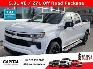 This Chevrolet Silverado 1500 delivers a Gas V8 5.3L/325 engine powering this Automatic transmission. Z71 OFF-ROAD PACKAGE includes (Z71) Off-Road suspension, (JHD) Hill Descent Control, (NZZ) skid plates and (K47) heavy-duty air filter Includes Z71 hard badge, (N10) dual exhaust and (NQH) 2-speed transfer case., ENGINE, 5.3L ECOTEC3 V8 (355 hp [265 kW] @ 5600 rpm, 383 lb-ft of torque [518 Nm] @ 4100 rpm); featuring available Dynamic Fuel Management that enables the engine to operate in 17 different patterns between 2 and 8 cylinders, depending on demand, to optimize power delivery and efficiency, Wireless Phone Projection for Apple CarPlay and Android Auto.* This Chevrolet Silverado 1500 Features the Following Options *Window, power front, passenger express down, Window, power front, drivers express up/down, Wi-Fi Hotspot capable (Terms and limitations apply. See onstar.ca or dealer for details.), Wheels, 18 x 8.5 (45.7 cm x 21.6 cm) Bright Silver painted aluminum, Wheel, 17 x 8 (43.2 cm x 20.3 cm) full-size, steel spare, USB Ports, rear, dual, charge-only, USB Ports, 2, Charge/Data ports located on the instrument panel, Transmission, 8-speed automatic, electronically controlled with overdrive and tow/haul mode. Includes Cruise Grade Braking and Powertrain Grade Braking (Included and only available with (L3B) 2.7L TurboMax engine.), Transfer case, single speed electronic Autotrac with push button control (4WD models only), Tires, 265/65R18SL all-season, blackwall.* Stop By Today *Live a little- stop by Capital Chevrolet Buick GMC Inc. located at 13103 Lake Fraser Drive SE, Calgary, AB T2J 3H5 to make this car yours today!