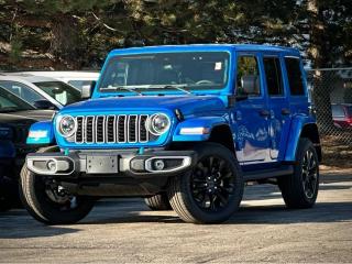 Electrically enhanced, our New 2024 Jeep Wrangler 4xe Sahara 4X4 with the Safety Group is built for better adventures in Hydro Blue Pearl! Powered by a TurboCharged 2.0 Litre 4 Cylinder and 2 Electric Motors delivering a combined 375hp to an 8 Speed Automatic transmission. You can handle rugged trails with heavy-duty Dana axles, and this Four Wheel Drive SUV features an EV range of nearly 22 miles. Long-distance travel is a breeze with a gas-hybrid mode that sees nearly approximately 11.8L/100km combined. Our Wrangler makes a bold impression with removable top/doors, LED lighting, 20-inch alloy wheels, a sport bar, a Gorilla Glass windshield, heated power mirrors, prominent fender flares, and eye-catching graphics.  Our Sahara cabin helps you stay comfortable even when leaving the pavement behind, thanks to heated leather-faced front seats, a heated-wrapped steering wheel, automatic climate control, remote start, and keyless access/ignition. Sophisticated technologies like a 12.3-inch touchscreen, 7-inch driver display, voice control, Android Auto®, Apple CarPlay®, Bluetooth®, and an eight-speaker audio provide superior connectivity.  Jeep supports premium peace of mind with our Safety Pack, adding blind-spot monitoring, rear cross-path detection, and rear parking sensors to automatic braking, forward collision warning, adaptive cruise control, a rearview camera, hill-start assistance, and more. Now choose our Wrangler 4xe Sahara, and charge ahead! Save this Page and Call for Availability. We Know You Will Enjoy Your Test Drive Towards Ownership!