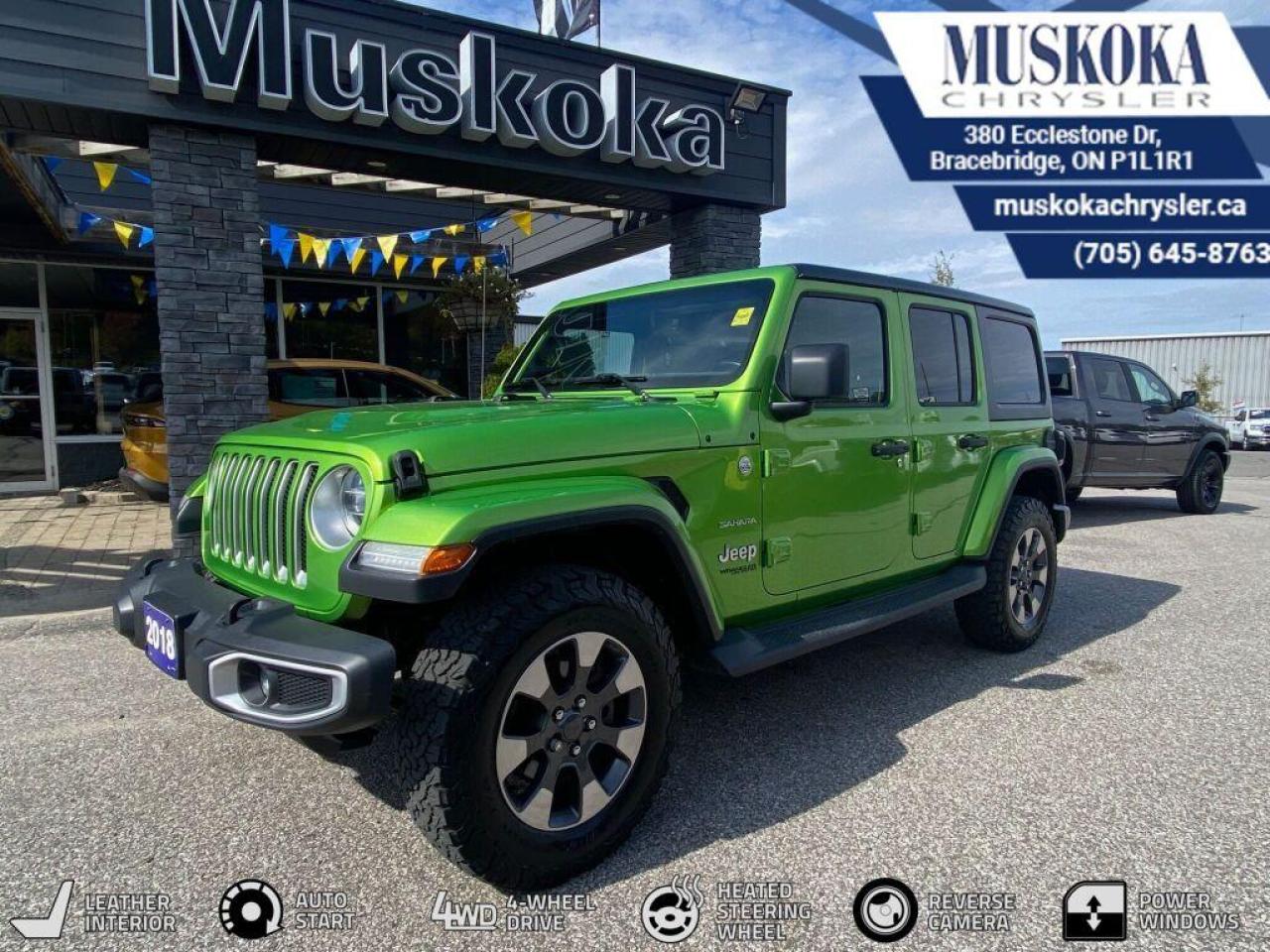 This Jeep Wrangler Unlimited Sahara, with a Regular Unleaded V-6 3.6 L/220 engine, features a 8-Speed Automatic w/OD transmission, and generates 23 highway/18 city L/100km. Find this vehicle with only 67822 kilometers!  Jeep Wrangler Unlimited Sahara Options: This Jeep Wrangler Unlimited Sahara offers a multitude of options. Technology options include: 2 LCD Monitors In The Front, Radio w/Seek-Scan, Clock, Speed Compensated Volume Control, Aux Audio Input Jack, Steering Wheel Controls, Voice Activation, Radio Data System and Uconnect External Memory Control, Radio: Uconnect 4 w/7 Display, Voice Activated Dual Zone Front Automatic Air Conditioning, 2 LCD Monitors In The Front.  Safety options include Tailgate/Rear Door Lock Included w/Power Door Locks, Variable Intermittent Wipers, 2 LCD Monitors In The Front, Power Door Locks w/Autolock Feature, Airbag Occupancy Sensor.  Visit Us: Find this Jeep Wrangler Unlimited Sahara at Muskoka Chrysler today. We are conveniently located at 380 Ecclestone Dr Bracebridge ON P1L1R1. Muskoka Chrysler has been serving our local community for over 40 years. We take pride in giving back to the community while providing the best customer service. We appreciate each and opportunity we have to serve you, not as a customer but as a friend
