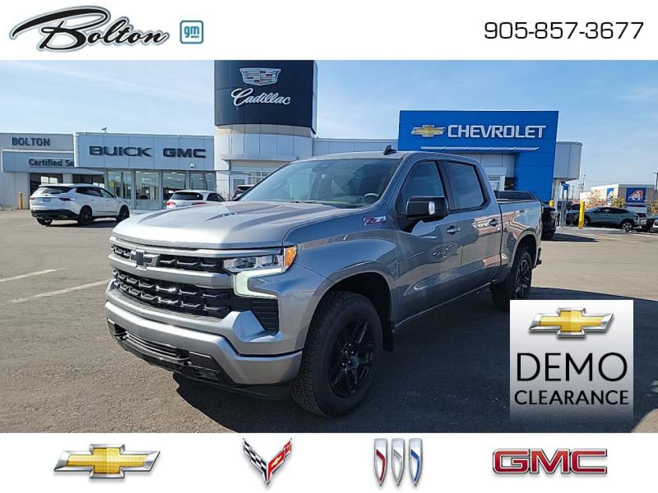 <b>6.2L RST , Z71 Off-Road Package, 20 inch Aluminum Wheels, Adaptive Cruise Control!<br> <br></b><br>  <br> <br>  Offering unprecedented power, efficiency and technology, this Chevy Silverado 1500 is designed to get the job done right the first time. <br> <br>This 2023 Chevy Silverado 1500 is functional and ergonomic, suited for the work-site or family life. Bold styling throughout gives it amazing curb appeal and a dominating stance on the road, while the its smartly designed interior keeps every passenger in superb comfort and connectivity on any trip. With brawn, brains and reliability, this muscular pickup was built by truck people, for truck people, and comes from the family of the most dependable, longest-lasting full-size pickups on the road. <br> <br> This sharkskin  metallic Crew Cab 4X4 pickup   has an automatic transmission and is powered by a  420HP 6.2L 8 Cylinder Engine.<br> <br> Our Silverado 1500s trim level is RST. This 1500 RST comes with Silverardos legendary capability and was made to be a stylish daily pickup truck that has the perfect amount of essential equipment. This incredible truck comes loaded with blacked out exterior accents, body colored bumpers, Chevrolets Premium Infotainment 3 system thats paired with a larger touchscreen display, wireless Apple CarPlay and Android Auto, 4G LTE hotspot and SiriusXM. Additional features include LED front fog lights, remote engine start, an EZ Lift tailgate, unique aluminum wheels, a power driver seat, forward collision warning with automatic braking, intellibeam headlights, dual-zone climate control, lane keep assist, Teen Driver technology, a trailer hitch and a HD rear view camera. This vehicle has been upgraded with the following features: Leather Seats, Z71 Off-road Package, 20 Inch Aluminum Wheels, Adaptive Cruise Control. <br><br> <br>To apply right now for financing use this link : <a href=http://www.boltongm.ca/?https://CreditOnline.dealertrack.ca/Web/Default.aspx?Token=44d8010f-7908-4762-ad47-0d0b7de44fa8&Lang=en target=_blank>http://www.boltongm.ca/?https://CreditOnline.dealertrack.ca/Web/Default.aspx?Token=44d8010f-7908-4762-ad47-0d0b7de44fa8&Lang=en</a><br><br> <br/> Weve discounted this vehicle $3079.    0% financing for 60 months. 1.99% financing for 84 months. <br> Buy this vehicle now for the lowest bi-weekly payment of <b>$468.92</b> with $8849 down for 84 months @ 1.99% APR O.A.C. ( taxes included, Plus applicable fees   ).  Incentives expire 2024-01-02.  See dealer for details. <br> <br>At Bolton Motor Products, we offer new Chevrolet, Cadillac, Buick, GMC cars and trucks in Bolton, along with used cars, trucks and SUVs by top manufacturers. Our sales staff will help you find that new or used car you have been searching for in the Bolton, Brampton, Nobleton, Kleinburg, Vaughan, & Maple area. o~o