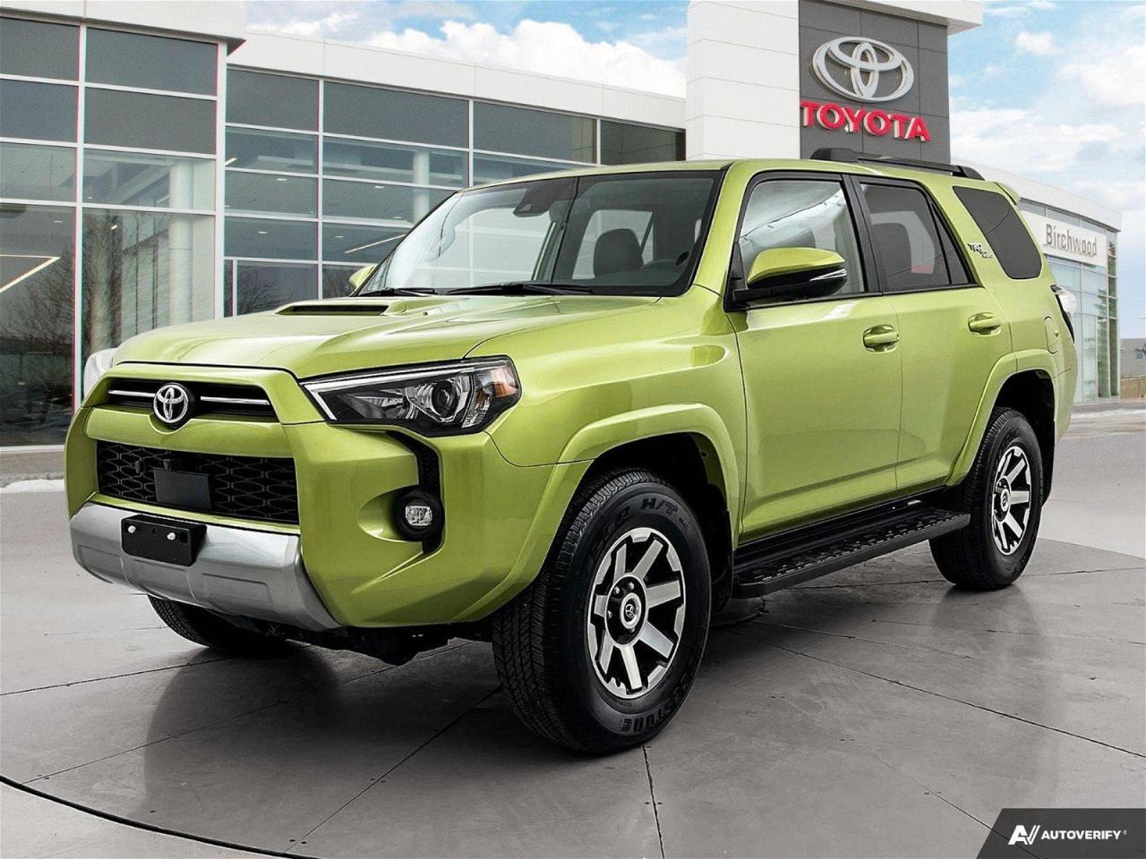 2023 Toyota 4Runner TRD Off Road 4.0L V6 5-Speed Automatic 4WD Lime Rush
Key Features:
- Apple CarPlay/Android Auto
- Heated Front Seats
- Heated Steering Wheel
- Power Driver Seat
- Power Moonroof
- Navigation
- Auto-dimming Rear-View Mirror w/HomeLink

Safety Features:
- Lane Departure Alert
- Dynamic Radar Cruise Control
- Pre-Collision System
- Automatic High-Beams
Experience is Everything at Birchwood Toyota! Our mission is to provide the most transparent and efficient sales process for our customers. We strive to provide the best service possible, whether you visit us in person, shop our website, or take advantage of our buy from home program.

The Birchwood Toyota Trade-in Guarantee - We buy your vehicle even if you dont buy ours!

Configure and customize your purchase online at www.birchwoodtoyota.ca or call us at 204-889-3700.


100% guaranteed approval for every qualifying year, make and model. Only the Best Rates and Terms available.

This vehicle qualifies for Birchwood Toyota Shield, which includes:

Guardian Protection:
- Cosmetic Wheel Protection
- Paintless Dent Repair
- Key/Remote Replacement

Dealer Permit #0025
Dealer permit #0025