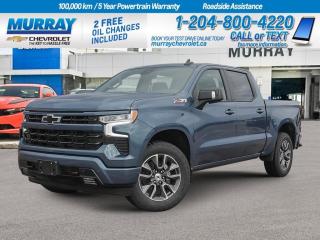 Four Wheel Drive, Heated Steering, Google Built-In, Remote Start, Rearview Camera, Heated Seats, Apple CarPlay  Crafted with a custom look, our 2024 Chevrolet Silverado 1500 RST Crew Cab 4X4 is here to show off in Lakeshore Blue Metallic! Powered by a 5.3 Litre V8 generating 355hp to an 8 Speed Automatic transmission for street-savvy performance. This Four Wheel Drive truck is also ready for adventures with an auto-locking rear differential and AutoTrac transfer case, and it sees approximately 11.8L/100km on the highway. Sophisticated Silverado styling is on display with high-intensity LED headlamps, fog lamps, alloy wheels, black recovery hooks, an EZ Lift power lock/release tailgate, a rear CornerStep bumper, cargo-bed lighting, heated power mirrors, and a trailer hitch with Hitch Guidance.  Our RST cabin can keep you comfortable and looking good with heated cloth front seats, 10-way power for the driver, a heated-wrapped steering wheel, dual-zone automatic climate control, cruise control, remote start, and keyless access/ignition. High-tech infotainment helps you connect with a 12-inch driver display, a 13.4-inch touchscreen, wireless Android Auto/Apple CarPlay, Google Built-In, voice control, WiFi compatibility, Bluetooth, and a six-speaker sound system.  Chevrolet promotes peace of mind with intelligent features like forward collision warning, automatic braking, an HD rearview camera, lane-keeping assistance, and more. Now check out our Silverado RST for yourself and take charge of your world! Save this Page and Call for Availability. We Know You Will Enjoy Your Test Drive Towards Ownership! View a CarFax Vehicle Report instantly at MurrayChevrolet.ca. : Questions? Call or text us at 204-800-4220 or call us toll-free at 1-888-381-7025. Dealer Permit #1740