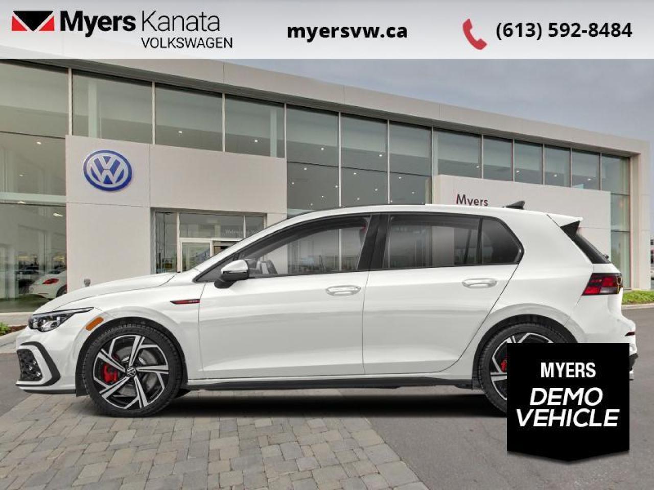 <b>Sunroof!</b><br> <br> <br> <br>  This 2024 Volkswagen GTI combines exhilarating performance and excellent practicality for fun-filled everyday commuting. <br> <br>The legendary Volkswagen GTI returns for the 2024 model year, with refined levels of comfort and practicality, while delivering an even more thrilling driving experience, thanks to extensive re-engineering and sophisticated technology. The heavily refreshed front fascia features aggressively restyled headlights with a reworked front bumper for improved performance and aerodynamics. Panels and surfaces are built and trimmed with high-quality materials, with a full suite of innovative safety and infotainment technology.<br> <br> This oryx white pearl effect hatchback  has an automatic transmission.<br> <br> Our Golf GTIs trim level is Autobahn. Stepping things up, this GTI Autobahn features an upgraded 10-inch Discover Pro infotainment screen with navigation, proximity keyless entry with push button start, lane keep assist, lane departure warning, forward collision alert and SiriusXM satellite radio, along with sport-tuned suspension, heated front sport seats, a heated leather-wrapped steering wheel, mobile device wireless charging, automatic air conditioning, front and rear cupholders, Apple CarPlay, Android Auto, and a 6-speaker audio system with a subwoofer. Additional features include blind spot detection, park distance control with front and rear parking sensors, rear collision mitigation, two 12-volt DC power outlets, cruise control with steering wheel controls, a back-up camera, and even more. This vehicle has been upgraded with the following features: Sunroof.  This is a demonstrator vehicle driven by a member of our staff and has just 2094 kms.<br><br> <br>To apply right now for financing use this link : <a href=https://www.myersvw.ca/en/form/new/financing-request-step-1/44 target=_blank>https://www.myersvw.ca/en/form/new/financing-request-step-1/44</a><br><br> <br/>    Incentives expire 2024-01-02.  See dealer for details. <br> <br> <br>LEASING:<br><br>Estimated Lease Payment: $271 bi-weekly <br>Payment based on 8.99% lease financing for 60 months with $0 down payment on approved credit. Total obligation $35,341. Mileage allowance of 16,000 KM/year. Offer expires 2024-01-02.<br><br><br>Call one of our experienced Sales Representatives today and book your very own test drive! Why buy from us? Move with the Myers Automotive Group since 1942! We take all trade-ins - Appraisers on site!<br> Come by and check out our fleet of 40+ used cars and trucks and 70+ new cars and trucks for sale in Kanata.  o~o