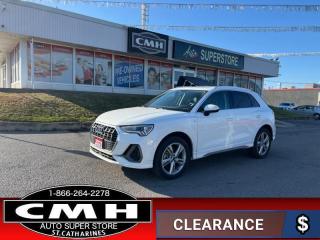 <b>QUATTRO !! NAVIGATION, REAR CAMERA, PARKING SENSORS, BLIND SPOT, LANE DEPARTURE, AUDI PRE SENSE, RAIN SENSING WIPERS, APPLE CARPLAY, PANORAMIC SUNROOF, LEATHER, POWER SEATS, HEATED SEATS, DUAL CLIMATE CONTROL, 19-INCH ALLOY WHEELS<br></b><br>      This  2021 Audi Q3 is for sale today. <br> <br>With plenty of style and Audis sporty design language, this aggressive 2021 Q3 is packed full of modern technology and luxurious features. The capability and utility in this compact crossover is second to none, with tons of extra space for all of your passengers. With an improved driving position the Q3s cabin is more luxurious, featuring ambient interior lighting, a fully digital gauge cluster, and contrasting microsuede on the dashboard and doors.This  SUV has 86,724 kms. Its  white in colour  and is major accident free based on the <a href=https://vhr.carfax.ca/?id=UhjpSoy4EUDK58ANbTy2HeycCm9VQq06 target=_blank>CARFAX Report</a> . It has an automatic transmission and is powered by a  228HP 2.0L 4 Cylinder Engine. <br> <br> Our Q3s trim level is Progressiv 45 TFSI quattro. This capable crossover is full of style with twin spoke alloy wheels, 2 row sunroof, rain sensing wipers, chrome grille, and LED lighting with front and rear fog lamps. That style continues to the interior with amazing infotainment from a 10 speaker Audi sound system, 8.8 inch touchscreen, voice activation, and audio streaming. A touch of luxury is added with heated leather seats, power liftgate, proximity key, front and rear parking sensors, blind spot monitoring, and lane departure warning. This vehicle has been upgraded with the following features: Blind Spot Detection, Lane Departure Warning, Park Assist, Sunroof, Leather Seats, Heated Seats, Power Liftgate, Heated Steering Wheel, Forward Collision Mitigation, Led Lights, Proximity Key, Climate Control, Siriusxm, Rear Camera. <br> <br>To apply right now for financing use this link : <a href=https://www.cmhniagara.com/financing/ target=_blank>https://www.cmhniagara.com/financing/</a><br><br> <br/><br>Trade-ins are welcome! Financing available OAC ! Price INCLUDES a valid safety certificate! Price INCLUDES a 60-day limited warranty on all vehicles except classic or vintage cars. CMH is a Full Disclosure dealer with no hidden fees. We are a family-owned and operated business for over 30 years! o~o