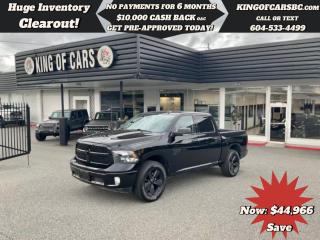 2022 RAM 1500 CLASSIC CREW CAB 4X46 PASSENGER, BACK UP CAMERA, HEATED SEATS, HEATED STEERING WHEEL, POWER SEATS, REMOTE STARTER, KEYLESS GO, PUSH BUTTON START, ALPINE SOUND SYSTEM, APPLE CARPLAY, ANDROID AUTO, PARKING SENSORS, DUAL CLIMATE CONTROL, POWER FOLDING MIRRORSBALANCE OF RAM FACTORY WARRANTYCALL US TODAY FOR MORE INFORMATION604 533 4499 OR TEXT US AT 604 360 0123GO TO KINGOFCARSBC.COM AND APPLY FOR A FREE-------- PRE APPROVAL -------STOCK # P214833PLUS ADMINISTRATION FEE OF $895 AND TAXESDEALER # 31301all finance options are subject to ....oac...