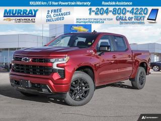 Four Wheel Drive, Keyless Access/Ignition, Heated Seats, Android Auto, Rearview Camera, Remote Start, Bluetooth, Forward Collision Warning  Enhance your journey in our 2024 Chevrolet Silverado 1500 RST Crew Cab 4X4 that is here to show off in Radiant Red Tintcoat! Powered by a 5.3 Litre V8 generating 355hp to a 10 Speed Automatic transmission for street-savvy performance. This Four Wheel Drive truck is also ready for adventures with an auto-locking rear differential and AutoTrac transfer case, and it sees approximately 11.8L/100km on the highway. Sophisticated Silverado styling is on display with high-intensity LED headlamps, fog lamps, alloy wheels, black recovery hooks, an EZ Lift power lock/release tailgate, a rear CornerStep bumper, cargo-bed lighting, heated power mirrors, and a trailer hitch with Hitch Guidance.  Up to any task, our RST cabin can keep you comfortable and looking good with heated cloth front seats, 10-way power for the driver, a heated-wrapped steering wheel, dual-zone automatic climate control, cruise control, remote start, and keyless access/ignition. High-tech infotainment helps you connect with a 12-inch driver display, a 13.4-inch touchscreen, wireless Android Auto/Apple CarPlay, Google Built-In, voice control, WiFi compatibility, Bluetooth, and a six-speaker sound system.  Chevrolet promotes peace of mind with intelligent features like forward collision warning, automatic braking, an HD rearview camera, lane-keeping assistance, and more. Now check out our Silverado RST for yourself and take charge of your world! Save this Page and Call for Availability. We Know You Will Enjoy Your Test Drive Towards Ownership! View a CarFax Vehicle Report instantly at MurrayChevrolet.ca. : Questions? Call or text us at 204-800-4220 or call us toll-free at 1-888-381-7025.  Dealer Permit #1740