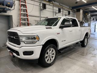 RARE 6.4L HEMI!! LOADED LARAMIE CREW CAB 4X4 W/ EQUIPMENT GROUP 2, SAFETY PKG, LEATHER, SUNROOF, MASSIVE 12-IN TOUCH SCREEN, HEATED & COOLED FRONT SEATS W/ HEATED REAR SEATS, BACKUP/360 CAMERAS W/ FRONT & REAR PARK SENSORS, NAVIGATION AND REMOTE START!! Forward collision warning, blind spot alert, adaptive cruise control, tow package w/ integrated trailer brake controller, fifth wheel/ gooseneck prep, 20-in alloys, folding hard tonneau cover, running boards, wireless charging, Harman/Kardon audio, cargo camera, bed lights, 6-foot 4-inch box w/ spray-in bedliner, rain sensing wipers, dual-zone climate control, full power group incl. power seats w/ driver memory, adjustable pedals, garage door opener, auto headlights w/ auto highbeams and Sirius XM!
