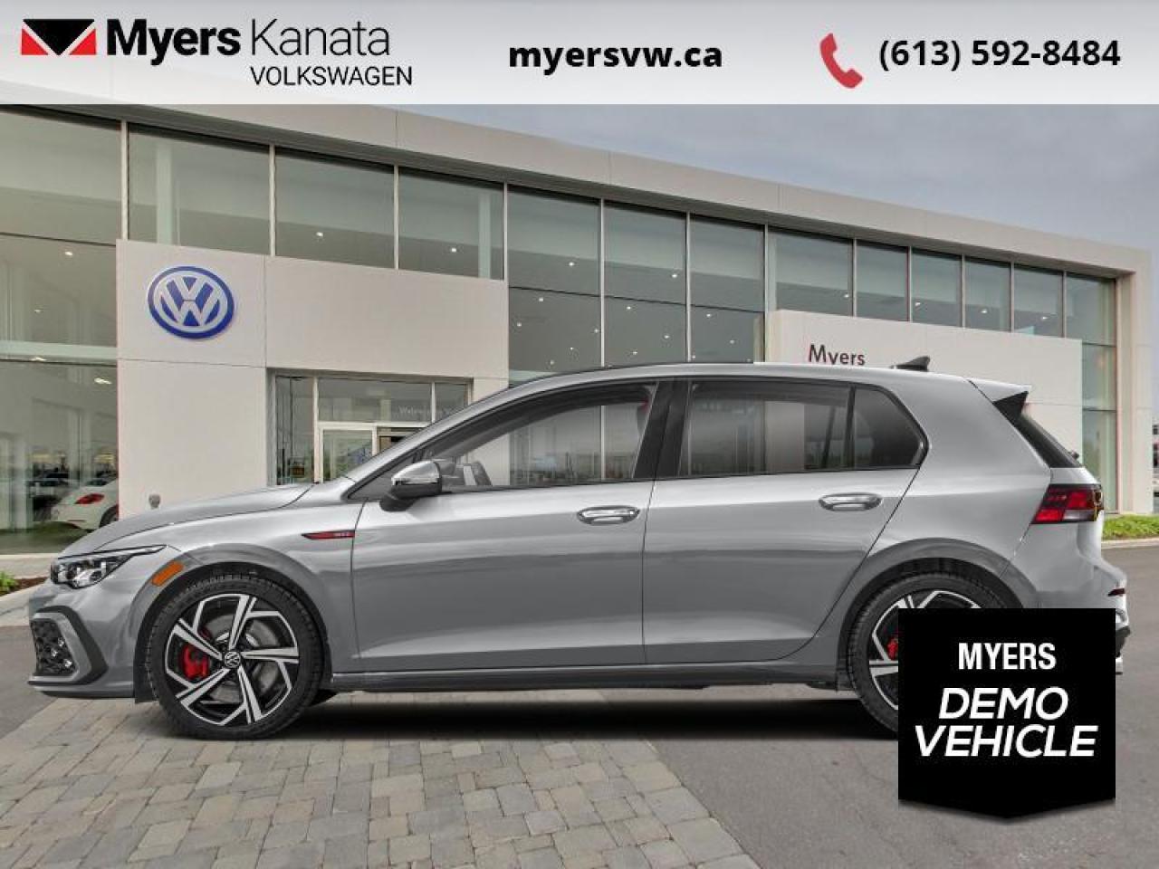 <b>Navigation,  Sport Suspension,  Heated Seats,  Wireless Charging,  Apple CarPlay!</b><br> <br> <br> <br>  This 2024 Volkswagen GTI remains an everyday hero, with class-leading versatility and phenomenal levels of performance. <br> <br>The legendary Volkswagen GTI returns for the 2024 model year, with refined levels of comfort and practicality, while delivering an even more thrilling driving experience, thanks to extensive re-engineering and sophisticated technology. The heavily refreshed front fascia features aggressively restyled headlights with a reworked front bumper for improved performance and aerodynamics. Panels and surfaces are built and trimmed with high-quality materials, with a full suite of innovative safety and infotainment technology.<br> <br> This moonstone grey hatchback  has an automatic transmission.<br> <br> Our Golf GTIs trim level is Autobahn. Stepping things up, this GTI Autobahn features an upgraded 10-inch Discover Pro infotainment screen with navigation, proximity keyless entry with push button start, lane keep assist, lane departure warning, forward collision alert and SiriusXM satellite radio, along with sport-tuned suspension, heated front sport seats, a heated leather-wrapped steering wheel, mobile device wireless charging, proximity keyless entry with remote start, automatic air conditioning, front and rear cupholders, Apple CarPlay, Android Auto, and a 6-speaker audio system with a subwoofer. Additional features include blind spot detection, park distance control with front and rear parking sensors, rear collision mitigation, two 12-volt DC power outlets, cruise control with steering wheel controls, a back-up camera, and even more. This vehicle has been upgraded with the following features: Navigation,  Sport Suspension,  Heated Seats,  Wireless Charging,  Apple Carplay,  Android Auto,  Heated Steering Wheel.  This is a demonstrator vehicle driven by a member of our staff, so we can offer a great deal on it.<br><br> <br>To apply right now for financing use this link : <a href=https://www.myersvw.ca/en/form/new/financing-request-step-1/44 target=_blank>https://www.myersvw.ca/en/form/new/financing-request-step-1/44</a><br><br> <br/>    Incentives expire 2023-11-30.  See dealer for details. <br> <br> <br>LEASING:<br><br>Estimated Lease Payment: $272 bi-weekly <br>Payment based on 9.49% lease financing for 60 months with $0 down payment on approved credit. Total obligation $35,443. Mileage allowance of 16,000 KM/year. Offer expires 2023-11-30.<br><br><br>Call one of our experienced Sales Representatives today and book your very own test drive! Why buy from us? Move with the Myers Automotive Group since 1942! We take all trade-ins - Appraisers on site!<br> Come by and check out our fleet of 60+ used cars and trucks and 80+ new cars and trucks for sale in Kanata.  o~o