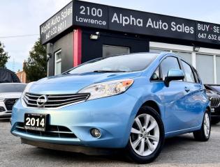 <p>Nissan Versa Note S 1.6L HB - Sky Blue Exterior on Gray/Black Interior - Carfax Verified - No Accidents - Local Ontario Vehicle - Low KMs ONLY 125k - Complete Service History - Loaded w/ Technology Package, Heated Seats, Steering Controls, Keyless Entry, Push Start, Surround View Camera, Nissan Connect w/Navigation, 5.8 Colour Touch-Screen Display, Nissan Voice Recognition for Audio and Navigation, Nav Traffic and Nav Weather, Nissan Connect (POIs powered by Google, Google Send-to-Car, real-time fuel, flight and weather info), Streaming Audio via Bluetooth, and Hands-Free Text Messaging Assistant, Alloy Wheels & More!! FINANCING AVAILABLE - OAC!</p>
<p>Included in the price:</p>
<p>1.Ontario Safety Standard Certificate.<br />2.Administration Fee.<br />3.CARFAX Vehicle History Report.<br />4.OMVIC Fee.</p>
<p>Taxes and licensing are not included in the price.</p>
<p>Lease, Financing & Extended Warranty Options Available! All Trades Welcome!</p>
<p>Alpha Auto Sales <br />2100 Lawrence Ave. E <br />Scarborough, ON M1R 2Z7 <br />Office: 1 (800) 632 4194 <br />Direct: 6 4 7 6 3 2 6 0 1 1 <br />Email: sales@alphaautosales.ca <br />Web: alphaautosales.ca</p>