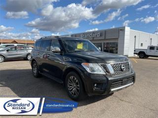 This 2019 Nissan Armada offers premium levels of comfort and luxury, with excellent off-road capability. This   Armada is fresh on our lot in Swift Current. <br>The 2019 Nissan Armada Platinum is a full-size SUV known for its spacious and luxurious interior, powerful V8 engine, and a wide range of features. Heres a detailed description of the 2019 Nissan Armada Platinum:<br><br>Exterior:<br><br>The Armada Platinum features a bold and commanding presence with a distinctive front grille, prominent fender flares, and a rugged SUV design.<br>It comes equipped with 20-inch alloy wheels, LED headlights, and a power liftgate for added convenience.<br><br>Engine and Performance:<br><br>Under the hood, the 2019 Armada Platinum is powered by a 5.6-liter V8 engine, producing 390 horsepower and 394 lb-ft of torque.<br>This SUV typically comes with a 7-speed automatic transmission and is available with rear-wheel drive (RWD) or an all-wheel-drive (AWD) system.<br>The V8 engine provides ample power for towing and smooth acceleration.<br><br>Interior and Comfort:<br><br>The interior of the Armada Platinum is spacious and well-appointed, with room for up to eight passengers in three rows of seating.<br>Premium leather upholstery and wood-tone trim are standard in the Platinum trim, offering a luxurious feel.<br>Features like heated and ventilated front seats, heated second-row seats, and a power-adjustable steering column enhance comfort.<br><br>Technology and Infotainment:<br><br>The 2019 Armada Platinum is equipped with a wide range of tech and entertainment features.<br>It features an 8-inch touchscreen infotainment system with navigation, a 13-speaker Bose audio system, Bluetooth connectivity, and multiple USB ports.<br>Rear-seat entertainment is often available, with dual 8-inch screens for second-row passengers.<br><br>Safety Features:<br><br>The Armada Platinum typically comes with advanced safety features, including adaptive cruise control, forward collision warning, automatic emergency braking, blind-spot monitoring, and rear cross-traffic alert.<br>It also includes a 360-degree camera system for enhanced visibility when parking and maneuvering.<br><br>Cargo and Storage:<br><br>The Armada Platinum offers a spacious cargo area behind the third-row seats, and folding down the rear seats expands the cargo space.<br>The power-folding rear seats add convenience when configuring the cargo area to suit your needs.<br><br><br>The 2019 Nissan Armada Platinum is a well-equipped and comfortable SUV thats ideal for those who need a vehicle with ample passenger and cargo space, as well as the ability to tow heavy loads. Please keep in mind that specific features and options may vary based on the exact configuration and any optional packages that were added to the vehicle. Its recommended to check the specifications of the specific Armada Platinum youre interested in for a complete overview of its features.