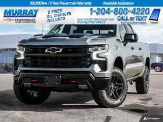 Four Wheel Drive, Heated Seats, Android Auto, Remote Start, Rearview Camera, Heated Steering, Bluetooth  Conquer the road in our 2024 Chevrolet Silverado 1500 LT Trail Boss Crew Cab 4X4 that is eager to start your next adventure in Sterling Gray Metallic! Motivated by a 5.3 Litre V8 offering 355hp to a 10 Speed Automatic transmission. This Four Wheel Drive truck also goes off the beaten track with a 2-speed AutoTrac transfer case, an auto-locking rear differential, and a Z71 suspension with a 2-inch lift, and it sees approximately 11.8L/100km on the highway. Our Silverado sets a high bar for style with high-gloss black wheels, LED lighting, fog lamps, a CornerStep rear bumper, red recovery hooks, robust skid plates, an EZ Lift power lock/release tailgate, and a trailer hitch with Hitch Guidance.  Once inside, our LT Trail Boss cabin boasts a versatile layout with heated cloth front seats, 10-way power for the driver, a heated-wrapped steering wheel, dual-zone automatic climate control, cruise control, and remote start. Superior Silverado technologies include a 12.3-inch driver display, a 13.4-inch touchscreen, Google Built-In, wireless Android Auto/Apple CarPlay, voice control, WiFi compatibility, Bluetooth, and six-speaker audio.  Carry on with confidence, knowing Chevrolet protects you with automatic braking, an HD rearview camera, lane-keeping assistance, forward collision warning, a rear-seat reminder, and more are on board. Now check out our Silverado LT Trail Boss for yourself and take charge of your world! Save this Page and Call for Availability. We Know You Will Enjoy Your Test Drive Towards Ownership! View a CarFax Vehicle Report instantly at MurrayChevrolet.ca. : Questions? Call or text us at 204-800-4220 or call us toll-free at 1-888-381-7025. Dealer Permit #1740