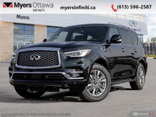 <b>Sunroof,  Leather Seats,  Cooled Seats,  Navigation,  Heated Seats!</b><br> <br> <br> <br>  High levels of luxury, comfort, and tech make this three-row Infiniti QX80 a solid pick among large luxury SUVs. <br> <br>Embrace luxury grand enough to accommodate all the experiences you seek, and powerful enough to amplify them. This Infiniti QX80 unleashes your potential with capability that few can rival, extensive rewards that fill your journey, and presence that none can match. This full-size luxury SUV is not larger than life, its as large as the life you want.<br> <br> This mineral black SUV  has an automatic transmission and is powered by a  400HP 5.6L 8 Cylinder Engine.<br> <br> Our QX80s trim level is LUXE 7-Passenger. Plush, climate controlled leather seats and a gorgeous sunroof offer the promise of luxury and comfort in this QX80, with a towing package, skid plate, auto leveling suspension, and serious power offering remarkable SUV strength and utility. Navigation, Bose premium audio, wireless Android Auto, and Apple CarPlay offer endless connectivity while a rear seat entertainment system makes sure all passengers are free from boredom. A power folding third row, power liftgate, remote start, memory settings, proximity keys, and a heated steering wheel offer comfort and convenience while parking sensors, blind spot warning, emergency braking, lane departure warning, and an aerial view camera help you stay safe. This vehicle has been upgraded with the following features: Sunroof,  Leather Seats,  Cooled Seats,  Navigation,  Heated Seats,  Memory Seats,  Premium Audio. <br><br> <br>To apply right now for financing use this link : <a href=https://www.myersinfiniti.ca/finance/ target=_blank>https://www.myersinfiniti.ca/finance/</a><br><br> <br/>    0% financing for 24 months. 4.99% financing for 84 months. <br> Buy this vehicle now for the lowest bi-weekly payment of <b>$673.22</b> with $0 down for 84 months @ 4.99% APR O.A.C. ( taxes included, $821  and licensing fees    ).  Incentives expire 2024-05-31.  See dealer for details. <br> <br><br> Come by and check out our fleet of 30+ used cars and trucks and 100+ new cars and trucks for sale in Ottawa.  o~o