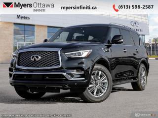 <b>Sunroof,  Leather Seats,  Cooled Seats,  Navigation,  Heated Seats!</b><br> <br> <br> <br>  High levels of luxury, comfort, and tech make this three-row Infiniti QX80 a solid pick among large luxury SUVs. <br> <br>Embrace luxury grand enough to accommodate all the experiences you seek, and powerful enough to amplify them. This Infiniti QX80 unleashes your potential with capability that few can rival, extensive rewards that fill your journey, and presence that none can match. This full-size luxury SUV is not larger than life, its as large as the life you want.<br> <br> This mineral black SUV  has an automatic transmission and is powered by a  400HP 5.6L 8 Cylinder Engine.<br> <br> Our QX80s trim level is LUXE 7-Passenger. Plush, climate controlled leather seats and a gorgeous sunroof offer the promise of luxury and comfort in this QX80, with a towing package, skid plate, auto leveling suspension, and serious power offering remarkable SUV strength and utility. Navigation, Bose premium audio, wireless Android Auto, and Apple CarPlay offer endless connectivity while a rear seat entertainment system makes sure all passengers are free from boredom. A power folding third row, power liftgate, remote start, memory settings, proximity keys, and a heated steering wheel offer comfort and convenience while parking sensors, blind spot warning, emergency braking, lane departure warning, and an aerial view camera help you stay safe. This vehicle has been upgraded with the following features: Sunroof,  Leather Seats,  Cooled Seats,  Navigation,  Heated Seats,  Memory Seats,  Premium Audio. <br><br> <br>To apply right now for financing use this link : <a href=https://www.myersinfiniti.ca/finance/ target=_blank>https://www.myersinfiniti.ca/finance/</a><br><br> <br/><br> Buy this vehicle now for the lowest bi-weekly payment of <b>$815.27</b> with $0 down for 84 months @ 11.00% APR O.A.C. ( taxes included, $821  and licensing fees    ).  See dealer for details. <br> <br><br> Come by and check out our fleet of 30+ used cars and trucks and 90+ new cars and trucks for sale in Ottawa.  o~o