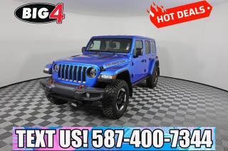 Our rugged 2022 Jeep Wrangler Unlimited Rubicon 4 Door 4X4 has a legendary reputation for leaving the road behind in Hydro Blue Pearl! Motivated by a 3.6 Litre Pentastar V6 supplying 285hp matched to an 8 Speed Automatic transmission for superior strength. This Four Wheel Drive SUV also has a full arsenal of off-road hardware to attack the trail, including Tru-Lok axles and Rock-Trac 4WD, and it returns approximately 9.8L/100km on the highway. Combining capability with iconic style, our Wrangler shows off fog lamps, a Sunrider soft top, robust skid plates, red recovery hooks, a vented hood, exclusive graphics, and alloy wheels.

Keeping comfortable is one key to enjoying the great outdoors, so our Rubicon cabin comes with supportive cloth seats, a leather-wrapped steering wheel, automatic climate control, power accessories, keyless access/ignition, and 12V/115V power outlets. Uconnect technology powers the infotainment system, which includes an 8.4-inch touchscreen, full-color navigation, WiFi compatibility, Android Auto, Apple CarPlay, Bluetooth, voice command, and Alpine audio.

Jeep helps you blaze trails with bold confidence and intelligent safety features such as a backup camera, ABS, traction/stability control, hill-start assist, tire-pressure monitoring, and advanced airbags. Our Wrangler Rubicon inspires you to roam free! Save this Page and Call for Availability. We Know You Will Enjoy Your Test Drive Towards Ownership!