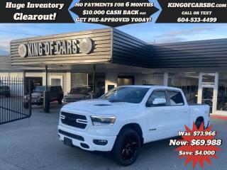 2023 RAM 1500 SPORT G/T CREW CAB 4X4 ETORQUEG/T PACKAGE, MOPAR COLD AIR INTAKE, PASSIVE COLD END EXHAUST, SPORT PERFORMANCE HOOD, DIGITAL DRIVER DISPLAY, 3.92 REAR AXLE RATIO, PANORAMIC SUNROOF, LEATHER GT BUCKET SEATS, NAVIGATION, 360 DEGREE CAMERA, POWER MEMORY SEATS, HEATED & COOLED SEATS, HEATED STEERING WHEEL, HARMAN/KARDON SPEAKER SYSTEM, APPLE CARPLAY, ANDROID AUTO, PADDLE SHIFTERS, CONSOLE SHIFTER, AUTOMATIC EMERGENCY BRAKING, PEDESTRIAN EMERGENCY BRAKING, ADAPTIVE CRUISE CONTROL, LANE ASSIST, BLIND SPOT DETECTION, AUTOMATIC PARKING, FRONT & REAR PARKING SENSORS, AUTO STOP N START, REMOTE STARTER, KEYLESS GO, PUSH START, POWER FOLDING MIRRORS, POWER ADJUSTABLE FOOT PEDALS, POWER RUNNING BOARDS, TONNEAU COVERBALANCE OF RAM FACTORY WARRANTYCALL US TODAY FOR MORE INFORMATION604 533 4499 OR TEXT US AT 604 360 0123GO TO KINGOFCARSBC.COM AND APPLY FOR A FREE-------- PRE APPROVAL -------STOCK # P214862PLUS ADMINISTRATION FEE OF $895 AND TAXESDEALER # 31301all finance options are subject to ....oac...