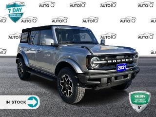 <p><strong>2021 Ford Bronco Outer Banks</strong></p>

<p>4D Sport Utility, 2.3L EcoBoost, 10-Speed Automatic, 4WD</p>


<ul>
 <li>18 Bright Machined Aluminum Wheels</li>
 <li>4.27 Axle Ratio</li>
 <li>4-Wheel Disc Brakes</li>
 <li>6 Speakers</li>
 <li>ABS brakes</li>
 <li>Air Conditioning</li>
 <li>Alloy wheels</li>
 <li>AM/FM radio: SiriusXM with 360L</li>
 <li>AM/FM Stereo</li>
 <li>Auto High-beam Headlights</li>
 <li>Auto-dimming Rear-View mirror</li>
 <li>Automatic temperature control</li>
 <li>Brake assist</li>
 <li>Compass</li>
 <li>Connected Navigation</li>
 <li>Delay-off headlights</li>
 <li>Driver door bin</li>
 <li>Driver vanity mirror</li>
 <li>Dual front impact airbags</li>
 <li>Dual front side impact airbags</li>
 <li>Emergency communication system: 911 Assist</li>
 <li>Exterior Parking Camera Rear</li>
 <li>Front anti-roll bar</li>
 <li>Front Bucket Seats</li>
 <li>Front dual zone A/C</li>
 <li>Front fog lights</li>
 <li>Front reading lights</li>
 <li>Front wheel independent suspension</li>
 <li>Fully automatic headlights</li>
 <li>Heated Cloth Bucket Seats</li>
 <li>Heated door mirrors</li>
 <li>Heated front seats</li>
 <li>Illuminated entry</li>
 <li>Integrated roll-over protection</li>
 <li>Leather Shift Knob</li>
 <li>Low tire pressure warning</li>
 <li>Occupant sensing airbag</li>
 <li>Outside temperature display</li>
 <li>Overhead airbag</li>
 <li>Overhead console</li>
 <li>Panic alarm</li>
 <li>Passenger door bin</li>
 <li>Passenger vanity mirror</li>
 <li>Power door mirrors</li>
 <li>Power steering</li>
 <li>Power windows</li>
 <li>Radio data system</li>
 <li>Remote keyless entry</li>
 <li>Security system</li>
 <li>SiriusXM Radio w/360L</li>
 <li>Speed control</li>
 <li>Split folding rear seat</li>
 <li>Steering wheel mounted audio controls</li>
 <li>SYNC 4</li>
 <li>Tachometer</li>
 <li>Telescoping steering wheel</li>
 <li>Tilt steering wheel</li>
 <li>Traction control</li>
 <li>Trip computer</li>
 <li>Variably intermittent wipers</li>
 <li>Voltmeter</li>
</ul>

<p><strong>Outer Banks 2.3L 4-Cylinder Turbocharged DOHC 4WD 10-Speed Automatic</strong></p>

<p><strong>Iconic Silver Metallic</strong></p>

<p>SPECIAL NOTE: This vehicle is reserved for AutoIQs Retail Customers Only. Please, No Dealer Calls<br />
<br />
Dont Delay! With over 140 Sales Professionals Promoting this Pre-Owned Vehicle through 11 Dealerships Representing 11 Communities Across Ontario, this Great Value Wont Last Long!<br />
<br />
AutoIQ proudly offers a 7 Day Money Back Guarantee. Buy with Complete Confidence. You wont be disappointed!</p>
<p> </p>

<h4>VALUE+ CERTIFIED PRE-OWNED VEHICLE</h4>

<p>36-point Provincial Safety Inspection<br />
172-point inspection combined mechanical, aesthetic, functional inspection including a vehicle report card<br />
Warranty: 30 Days or 1500 KMS on mechanical safety-related items and extended plans are available<br />
Complimentary CARFAX Vehicle History Report<br />
2X Provincial safety standard for tire tread depth<br />
2X Provincial safety standard for brake pad thickness<br />
7 Day Money Back Guarantee*<br />
Market Value Report provided<br />
Complimentary 3 months SIRIUS XM satellite radio subscription on equipped vehicles<br />
Complimentary wash and vacuum<br />
Vehicle scanned for open recall notifications from manufacturer</p>

<p>SPECIAL NOTE: This vehicle is reserved for AutoIQs retail customers only. Please, No dealer calls. Errors & omissions excepted.</p>

<p>*As-traded, specialty or high-performance vehicles are excluded from the 7-Day Money Back Guarantee Program (including, but not limited to Ford Shelby, Ford mustang GT, Ford Raptor, Chevrolet Corvette, Camaro 2SS, Camaro ZL1, V-Series Cadillac, Dodge/Jeep SRT, Hyundai N Line, all electric models)</p>

<p>INSGMT</p>