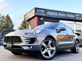 <p>Porsche Macan S AWD - Agate Grey Metallic Exterior on Black Interior - Carfax Verified - No Accidents - LOW KMs ONLY 87k - Loaded w/ Premium Plus Package, Air Suspension (PASM), Sport Chrono Package,  Multifunction Steering wheel in Carbon, Heated Steering, Carbon Interior Package, Leather Heated/Cooled Seats, Panoramic Sunroof, 360 Surround View Camera, Parking Sensors, Sport Exhaust System in Black, Bose Surround System, Aux, Usb, Xm, Bluetooth Phone & Audio, Rear Heated Seats, Steering Controls, Paddle Shifters, Dual Zone Climate, 14 Way Power with Memory Seats, Lane Change Assist, Sport Design Side Mirrors, Porsche Crest Headrest, Porsche Intelligent Performance, Monochrome Black Exterior Package, Wheel Centers with Full Colour Porsche Crest, Infotainment Package, Light Comfort Package,  21 Inch Sport Classic Wheel Platinum & More! Highly Optioned Macan S, MSRP NEW OVER 92k - In Excellent Shape, Well Maintained! FINANCING AVAILABLE - OAC!</p>
<p>Included in the price:</p>
<p>1.Ontario Safety Standard Certificate.<br />2.Administration Fee.<br />3.CARFAX Vehicle History Report.<br />4.OMVIC Fee.</p>
<p>Taxes and licensing are not included in the price.</p>
<p>Lease, Financing & Extended Warranty Options Available! All Trades Welcome!</p>
<p>Alpha Auto Sales <br />2100 Lawrence Ave. E <br />Scarborough, ON M1R 2Z7 <br />Office: 1 (800) 632 4194 <br />Direct: 6 4 7 6 3 2 6 0 1 1 <br />Email: sales@alphaautosales.ca <br />Web: alphaautosales.ca</p>