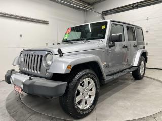 ONLY 101,000 KMS!! LOADED SAHARA UNLIMITED 4DR W/ DUAL TOP GROUP INCL. HARD TOP, NAVIGATION, REMOTE START, TOW PACKAGE AND 18-IN ALLOYS!! Leather-wrapped steering, running boards, automatic climate control, full power group, cruise control, auto headlights and Sirius XM!