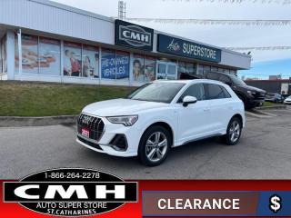 <b>S LINE !! QUATTRO !! BACK UP CAMERA, PARKING SENSORS, LANE DEPARTURE WARNING, BLIND SPOT, EMERGENCY BRAKING, APPLE CARPLAY, ANDROID AUTO, BLUETOOTH, PANORAMIC SUNROOF, LEATHER, POWER SEATS, POWER LIFTGATE, 19-INCH ALLOY WHEELS</b><br>      This  2021 Audi Q3 is for sale today. <br> <br>With plenty of style and Audis sporty design language, this aggressive 2021 Q3 is packed full of modern technology and luxurious features. The capability and utility in this compact crossover is second to none, with tons of extra space for all of your passengers. With an improved driving position the Q3s cabin is more luxurious, featuring ambient interior lighting, a fully digital gauge cluster, and contrasting microsuede on the dashboard and doors.This  SUV has 79,537 kms. Its  white in colour  . It has an automatic transmission and is powered by a  228HP 2.0L 4 Cylinder Engine. <br> <br> Our Q3s trim level is Progressiv 45 TFSI quattro. This capable crossover is full of style with twin spoke alloy wheels, 2 row sunroof, rain sensing wipers, chrome grille, and LED lighting with front and rear fog lamps. That style continues to the interior with amazing infotainment from a 10 speaker Audi sound system, 8.8 inch touchscreen, voice activation, and audio streaming. A touch of luxury is added with heated leather seats, power liftgate, proximity key, front and rear parking sensors, blind spot monitoring, and lane departure warning.<br> <br>To apply right now for financing use this link : <a href=https://www.cmhniagara.com/financing/ target=_blank>https://www.cmhniagara.com/financing/</a><br><br> <br/><br>Trade-ins are welcome! Financing available OAC ! Price INCLUDES a valid safety certificate! Price INCLUDES a 60-day limited warranty on all vehicles except classic or vintage cars. CMH is a Full Disclosure dealer with no hidden fees. We are a family-owned and operated business for over 30 years! o~o