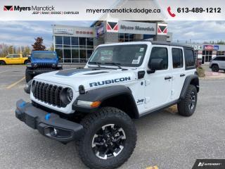 <b>Heavy Duty Suspension,  Hybrid,  Fast Charging,  Adaptive Cruise Control,  Climate Control!</b><br> <br> <br> <br>Call 613-489-1212 to speak to our friendly sales staff today, or come by the dealership!<br> <br>  This efficient Jeep Wrangler 4xe was built to be just as tough and reliable, with next level comfort and convenience. <br> <br>No matter where your next adventure takes you, this Jeep Wrangler 4xe is ready for the challenge. With advanced traction and plug-in hybrid technology, sophisticated safety features and ample ground clearance, the Wrangler 4xe is designed to climb up and crawl over the toughest terrain. Inside the cabin of this advanced Wrangler 4xe offers supportive seats and comes loaded with the technology you expect while staying loyal to the style and design youve come to know and love.<br> <br> This bright white SUV  has an automatic transmission and is powered by a  375HP 2.0L 4 Cylinder Engine.<br> <br> Our Wrangler 4xes trim level is Rubicon. Stepping up to this Wrangler Rubicon rewards you with incredible off-roading capability, thanks to heavy duty suspension, class II towing equipment that includes a hitch and trailer sway control, front active and rear anti-roll bars, upfitter switches, locking front and rear differentials, and skid plates for undercarriage protection. Interior features include an 8-speaker Alpine audio system, voice-activated dual zone climate control, front and rear cupholders, and a 12.3-inch infotainment system with smartphone integration and mobile internet hotspot access. Additional features include cruise control, a leatherette-wrapped steering wheel, proximity keyless entry, and even more. This vehicle has been upgraded with the following features: Heavy Duty Suspension,  Hybrid,  Fast Charging,  Adaptive Cruise Control,  Climate Control,  Wi-fi Hotspot,  Tow Equipment. <br><br> View the original window sticker for this vehicle with this url <b><a href=http://www.chrysler.com/hostd/windowsticker/getWindowStickerPdf.do?vin=1C4RJXR66RW178297 target=_blank>http://www.chrysler.com/hostd/windowsticker/getWindowStickerPdf.do?vin=1C4RJXR66RW178297</a></b>.<br> <br>To apply right now for financing use this link : <a href=https://CreditOnline.dealertrack.ca/Web/Default.aspx?Token=3206df1a-492e-4453-9f18-918b5245c510&Lang=en target=_blank>https://CreditOnline.dealertrack.ca/Web/Default.aspx?Token=3206df1a-492e-4453-9f18-918b5245c510&Lang=en</a><br><br> <br/>    5.99% financing for 96 months. <br> Buy this vehicle now for the lowest weekly payment of <b>$254.33</b> with $0 down for 96 months @ 5.99% APR O.A.C. ( Plus applicable taxes -  $1199  fees included in price    ).  Incentives expire 2024-04-30.  See dealer for details. <br> <br>If youre looking for a Dodge, Ram, Jeep, and Chrysler dealership in Ottawa that always goes above and beyond for you, visit Myers Manotick Dodge today! Were more than just great cars. We provide the kind of world-class Dodge service experience near Kanata that will make you a Myers customer for life. And with fabulous perks like extended service hours, our 30-day tire price guarantee, the Myers No Charge Engine/Transmission for Life program, and complimentary shuttle service, its no wonder were a top choice for drivers everywhere. Get more with Myers!<br> Come by and check out our fleet of 40+ used cars and trucks and 100+ new cars and trucks for sale in Manotick.  o~o