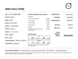 New 2024 Volvo XC60 Plus Dark Theme RETIRED COURTESY VEHICLE W/ WINTER TIRE SET for sale in Winnipeg, MB