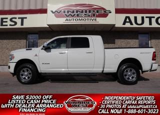 **Cash Price: $79,800. Finance Price: $77,800. (SAVE $2,000 OFF THE LISTED CASH PRICE WITH DEALER ARRANGED FINANCING! O.A.C.) Plus PST/GST. NO ADMINISTRATION FEES!!  

TRULY STUNNING PEARL WHITE, LOADED TOP OF THE LINE LARAMIE SPORT CUMMINS  4X4 WITH ALL THE RIGHT STUFF! HARD TO FIND, TOP OF THE LINE & FULLY EQUIPPED 2022 RAM 2500 LARAMIE SPORT MEGA CAB CUMMINS DIESEL 4X4 OFF ROAD PKG & 9900GVW (SO NO ANNUAL SAFETY REQUIRED!!)! LOADED WITH ALL OPTIONS, INCLUDING SAFETY GROUP WITH LANE DEPARTURE WITH LANE KEEP, ADAPTIVE CRUISE AND MORE - THIS IS AN ABSOLUTE LUXURY/SPORT TRUCK THAT CAN HAUL ALMOST ANYTHING IN STYLE WITH ALL THE CREW AND/OR FAMILY, THESE RAMS ARE AMAZING TO DRIVE AND STUNNING INSIDE AND OUT!

- 6.7L Cummins Turbo Diesel (370hp and 850 lb-ft torque) 
- 6 Speed Automatic Transmission 
- Auto 2-Stage 4x4 Transfer Case
- Antispin differential rear axle
- Premium Black leather interior
- Heated / Cooled seats and heated steering wheel
- Memory 10-Way Power Drivers and 6 -Way Power Passenger seat 
- Power adjustable pedals with memory
- 5 Passenger Seating with Full Size Center Console 
- Second Row Heated Seats with 2-USB Inputs and 400W 110 Volt Inverter (Regular Plug-In)
- Radio, driver seat, mirrors & pedals memory setting
- Dual Zone Auto Climate Control with Full Touchscreen Controls
- Huge 12" Uconnect 12.0 touchscreen Multi Media infotainment system with  factory navigation
- Harmon Kardon 19 speaker audio with Satellite input
- OffRoad Info Pages
- SiriusXM with 360L ondemand content
- Connected travel & traffic services
- Media hub with multi-port USB and AUX input 
- Android Auto and Apple Cap Play 
- ALEXA built in
- Dual zone auto climate control with humidity sensor
- Key-less Go Proximity Keys with Push Button Start
- Factory Remote Start 
- Safety Group B :
- Digital rearview mirror
- Lane Departure Warning with Lane Keep Assist
- Forward Collision Warning with Active Braking
- Adaptive Cruise Control with Stop
- Adaptive steering system
- Towing Technology Group B 
- Rear autolevelling air suspension 
- TowMode/UpFit wired camera 
- Centre highmounted stop lamp with camera
- Factory tow package 
- Factory Brake Controller & Exhaust Brake 
- HeavyDuty Snowplow Prep Group
- Dual 220 Amp Alternators
- Factory Fifth Wheel and Gooseneck prep kit
- Power Folding tow mirrors with power convex mirrors 
- Full LED lighting
- Factory Black HD Running Boards
- Bed Mat
- Hard tri-fold tonneau box cover
- Factory Sport Appearance Package 
- Factory Off Road Group with Hill Descent Control
- Protection Group with Transfer Case Skid Plates
- Premium 18-inch Alloys riding on upgraded LT285 Toyo Open Country A/T tires
- So MUCH more ...

YOU CAN TOW AND CARRY ALL THE BIG STUFF WITH ALL THE CREW IN STYLE WITHOUT SACRIFICING OPTIONS ... WELL OVER $100,000 NEW... THATS WHAT THIS TRUCK WOULD COST NEW TO REPLACE TODAY! TODAY YOU CAN GET A FLAWLESS NEW GENERATION LOADED LARAMIE SPORT MEGA CAB 6.7L CUMMINS DIESEL 4X4 with 9900GVW!!! ABSOLUTELY STUNNING 2022 Ram 2500 Laramie Sport Mega Cab 6.7L CUMMINS TURBO DIESEL 4X4  - What a rare find!  Loaded with options including the 6.7L CUMMINS TURBO DIESEL producing 370hp and 850ft/lbs of TORQUE and Uconnect 12 with the massive 12" touchscreen with factory Navigation. We cant even begin to list all the options.  Thankfully we have the build sheet in case we missed anything. This truck is sharp and flawless in all respects with pride of ownership evident, especially with the great  CLEAN 1-owner LOW KM Canadian history. 

Comes with a fresh Manitoba Safety Certification, a Clean, No Accident ,1-owner CARFAX history and lots of the Ram Canada factory warranty.  PLUS, we have many unlimited km extended warranty options to choose from. ON SALE NOW (HUGE VALUE!!!) Zero down financing available OAC with a $2,000 price discount for financing with one of our many banks or credit unions. Please see dealer for details. Trades accepted. View at Winnipeg West Automotive Group, 5195 Portage Ave. Dealer permit # 4365, Call now 1 (888) 601-3023.