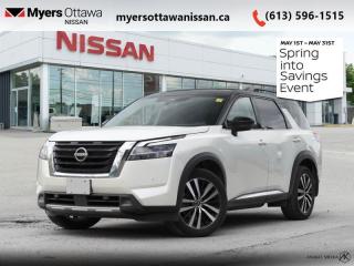 <b>Cooled Seats,  Bose Premium Audio,  HUD,  Wireless Charging,  Sunroof!</b><br> <br> <br> <br>  You can return to your rugged roots in this 2024 Nissan Pathfinder. <br> <br>With all the latest safety features, all the latest innovations for capability, and all the latest connectivity and style features you could want, this 2024 Nissan Pathfinder is ready for every adventure. Whether its the urban cityscape, or the backcountry trail, this 2024Pathfinder was designed to tackle it with grace. If you have an active family, they deserve all the comfort, style, and capability of the 2024 Nissan Pathfinder.<br> <br> This white 2-tone SUV  has an automatic transmission and is powered by a  284HP 3.5L V6 Cylinder Engine.<br> <br> Our Pathfinders trim level is Platinum. This Pathfinder Platinum trim adds top of the line comfort features such as a heads-up display, Bose Premium Audio System, wireless Apple CarPlay and Android Auto, heated and cooled quilted leather trimmed seats, and heated second row captains chairs. This family SUV is ready for the city or the trail with modern features such as NissanConnect with navigation, touchscreen, and voice command, Apple CarPlay and Android Auto, paddle shifters, Class III towing equipment with hitch sway control, automatic locking hubs, a 120V outlet, alloy wheels, automatic LED headlamps, and fog lamps. Keep your family safe and comfortable with a heated leather steering wheel, driver memory settings, a dual row sunroof, a proximity key with proximity cargo access, smart device remote start, power liftgate, collision mitigation, lane keep assist, blind spot intervention, front and rear parking sensors, and a 360-degree camera. This vehicle has been upgraded with the following features: Cooled Seats,  Bose Premium Audio,  Hud,  Wireless Charging,  Sunroof,  Navigation,  Heated Seats. <br><br> <br>To apply right now for financing use this link : <a href=https://www.myersottawanissan.ca/finance target=_blank>https://www.myersottawanissan.ca/finance</a><br><br> <br/>    6.49% financing for 84 months. <br> Payments from <b>$936.69</b> monthly with $0 down for 84 months @ 6.49% APR O.A.C. ( Plus applicable taxes -  $621 Administration fee included. Licensing not included.    ).  Incentives expire 2024-05-31.  See dealer for details. <br> <br> <br>LEASING:<br><br>Estimated Lease Payment: $865/m <br>Payment based on 3.99% lease financing for 39 months with $0 down payment on approved credit. Total obligation $33,759. Mileage allowance of 20,000 KM/year. Offer expires 2024-05-31.<br><br><br><br> Come by and check out our fleet of 40+ used cars and trucks and 110+ new cars and trucks for sale in Ottawa.  o~o