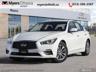 <b>Power Liftgate,  Heated Seats,  Heated Steering Wheel,  4G Wi-Fi,  Android Auto!</b><br> <br> <br> <br>  Compared with other contemporary sports sedans, this 2023 Infiniti Q50 leaves little to be desired. <br> <br>This gorgeous Infiniti Q50 is a meticulously engineered sports sedan, built with fun and comfort in mind. Impressive technology, adequate ergonomics and stellar dynamics make this Q50 a strong contender in this competitive vehicle class. Also bundled with cutting edge driver-assistive and safety systems, this 2023 Infiniti Q50 checks all the boxes and remains a desirable and versatile sports sedan.<br> <br> This pure white sedan  has an automatic transmission and is powered by a  300HP 3.0L V6 Cylinder Engine.<br> <br> Our Q50s trim level is PURE. This Q50 has all the cool tech you need with Infiniti InTouch dual display infotainment with wireless Apple CarPlay and Android Auto, Siri EyesFree, Bluetooth hands free phone assistant, Wi-Fi, and streaming audio. On top of all that connectivity, is classic comfort in the form of heated seats and steering wheel, power liftgate, synthetic leather upholstery, and forward emergency braking. The exterior is equally next level with a chrome exhaust tip, alloy wheels, chrome trim and grille, rain sensing wipers, automatic LED lighting with fog lamps, and stylish perimeter approach lights. This vehicle has been upgraded with the following features: Power Liftgate,  Heated Seats,  Heated Steering Wheel,  4g Wi-fi,  Android Auto,  Apple Carplay,  Synthetic Leather Seats. <br><br> <br>To apply right now for financing use this link : <a href=https://www.myersinfiniti.ca/finance/ target=_blank>https://www.myersinfiniti.ca/finance/</a><br><br> <br/> Total  cash rebate of $3500 is reflected in the price. Rebate is not combinable with subvented rate <br> Buy this vehicle now for the lowest bi-weekly payment of <b>$410.51</b> with $0 down for 84 months @ 11.00% APR O.A.C. ( taxes included, $821  and licensing fees    ).  Incentives expire 2024-04-30.  See dealer for details. <br> <br><br> Come by and check out our fleet of 30+ used cars and trucks and 100+ new cars and trucks for sale in Ottawa.  o~o