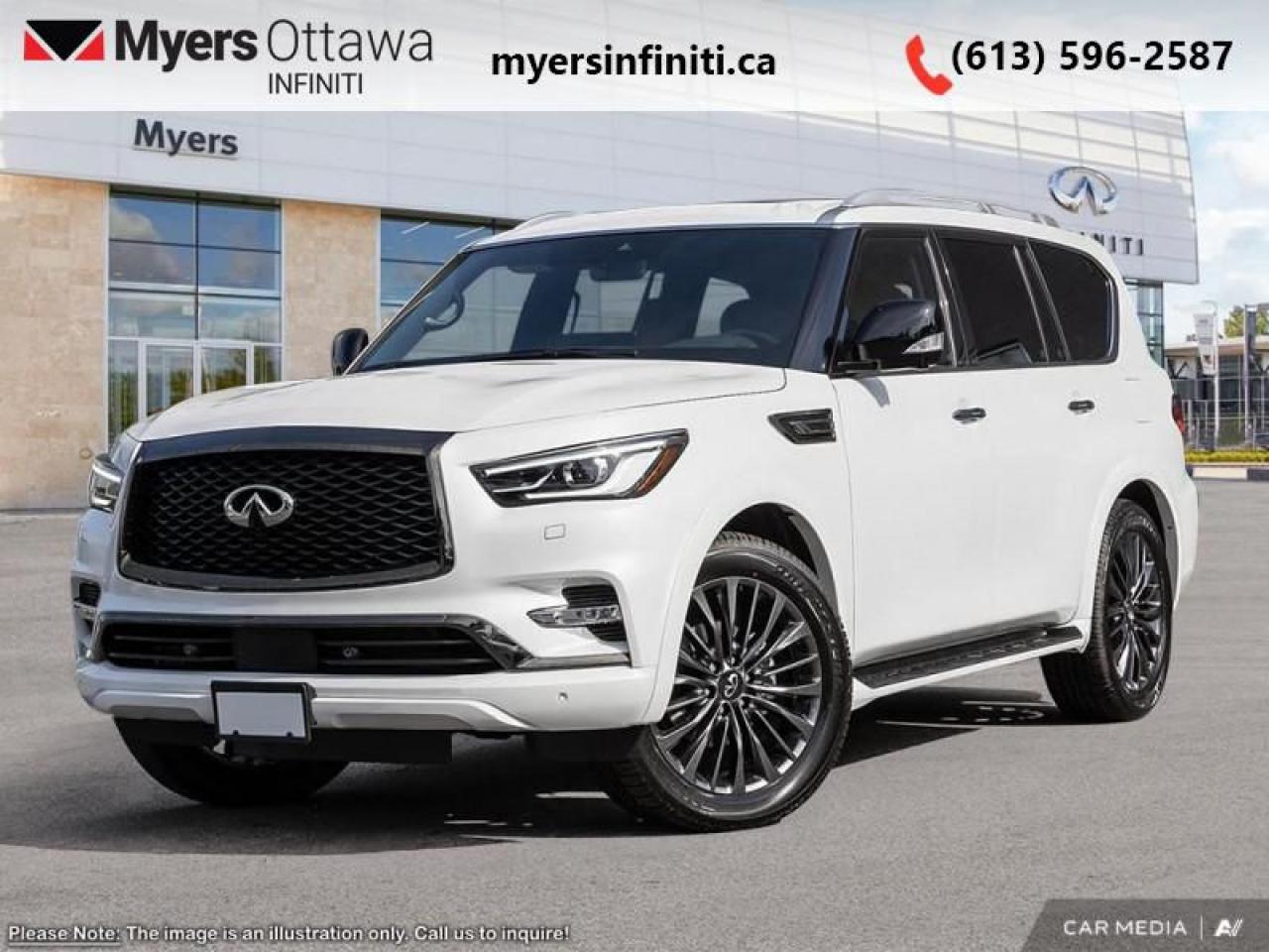 <b>Sunroof,  Leather Seats,  Cooled Seats,  Navigation,  Heated Seats!</b><br> <br> <br> <br>  As big as a luxury yacht and just as opulent inside, this QX80 is Infinitis take on the full-size luxury SUV. <br> <br>Embrace luxury grand enough to accommodate all the experiences you seek, and powerful enough to amplify them. This Infiniti QX80 unleashes your potential with capability that few can rival, extensive rewards that fill your journey, and presence that none can match. This full-size luxury SUV is not larger than life, its as large as the life you want.<br> <br> This moonstone white SUV  has an automatic transmission and is powered by a  400HP 5.6L 8 Cylinder Engine.<br> <br> Our QX80s trim level is ProACTIVE 7-Passenger. This ProACTIVE trim adds the active safety suite complete with distance pacing cruise with stop and go, blind spot intervention, and lane keep assist. Plush, climate controlled leather seats and a gorgeous sunroof offer the promise of luxury and comfort in this QX80, witha towing package, skid plate, auto leveling suspension, and serious power offering remarkable SUV strength and utility. Navigation, Bose premium audio, wireless Android Auto, and Apple CarPlay offer endless connectivity while a rear seat entertainment system makes sure all passengers are free from boredom. A power folding third row, power liftgate, remote start, memory settings, proximity keys, and a heated steering wheel offer comfort and convenience while parking sensors, emergency braking, and an aerial view camera help you stay safe. This vehicle has been upgraded with the following features: Sunroof,  Leather Seats,  Cooled Seats,  Navigation,  Heated Seats,  Memory Seats,  Premium Audio. <br><br> <br>To apply right now for financing use this link : <a href=https://www.myersinfiniti.ca/finance/ target=_blank>https://www.myersinfiniti.ca/finance/</a><br><br> <br/> Total  cash rebate of $10000 is reflected in the price. Credit includes $10,000 Non-Stackable Dollars. <br> Buy this vehicle now for the lowest bi-weekly payment of <b>$752.73</b> with $0 down for 84 months @ 8.99% APR O.A.C. ( taxes included, $921  and licensing fees    ).  Incentives expire 2025-03-31.  See dealer for details. <br> <br><br> Come by and check out our fleet of 30+ used cars and trucks and 50+ new cars and trucks for sale in Ottawa.  o~o