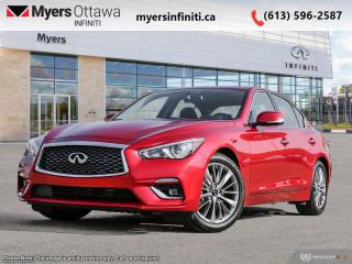 <b>Sunroof,  Remote Start,  Bose Performance Audio,  Power Liftgate,  Heated Seats!</b><br> <br> <br> <br>  Compared with other contemporary sports sedans, this 2023 Infiniti Q50 leaves little to be desired. <br> <br>This gorgeous Infiniti Q50 is a meticulously engineered sports sedan, built with fun and comfort in mind. Impressive technology, adequate ergonomics and stellar dynamics make this Q50 a strong contender in this competitive vehicle class. Also bundled with cutting edge driver-assistive and safety systems, this 2023 Infiniti Q50 checks all the boxes and remains a desirable and versatile sports sedan.<br> <br> This sunstone red sedan  has an automatic transmission and is powered by a  300HP 3.0L V6 Cylinder Engine.<br> <br> Our Q50s trim level is LUXE. This Q50 has all the cool tech you need with Infiniti InTouch dual display infotainment with wireless Apple CarPlay and Android Auto, Siri EyesFree, Bluetooth hands free phone assistant, Wi-Fi, and streaming audio. On top of all that connectivity, is classic comfort in the form of heated seats and steering wheel, power liftgate, synthetic leather upholstery, and forward emergency braking. The exterior is equally next level with a chrome exhaust tip, alloy wheels, chrome trim and grille, rain sensing wipers, automatic LED lighting with fog lamps, and stylish perimeter approach lights. This Luxe trim adds a sunroof, Bose Performance Audio, distance pacing, remote start, parking sensors, blind spot warning, and a 360 degree parking camera. This vehicle has been upgraded with the following features: Sunroof,  Remote Start,  Bose Performance Audio,  Power Liftgate,  Heated Seats,  Heated Steering Wheel,  Android Auto. <br><br> <br>To apply right now for financing use this link : <a href=https://www.myersinfiniti.ca/finance/ target=_blank>https://www.myersinfiniti.ca/finance/</a><br><br> <br/> Total  cash rebate of $3500 is reflected in the price. Rebate is not combinable with subvented rate <br> Buy this vehicle now for the lowest bi-weekly payment of <b>$474.67</b> with $0 down for 84 months @ 11.00% APR O.A.C. ( taxes included, $821  and licensing fees    ).  Incentives expire 2024-04-30.  See dealer for details. <br> <br><br> Come by and check out our fleet of 30+ used cars and trucks and 100+ new cars and trucks for sale in Ottawa.  o~o
