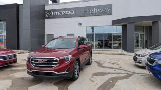 SLT, 4-cyl 2.0L Turbo 252 HP (ltg) - Gas (W/4SA), Perforated Leather-Appointed - Med. Ash Grey / Jet Black, Red Quartz Tintcoat Style and Luxury! The GMC Terrain SLT offers leather seating, a 2.0L engine and all wheel drive. Come by Highway Mazda today!
