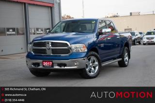 <p>Dominate the road in our 2017 RAM 1500 SLT Crew Cab 4X4 brought to you in Blue! Powered by a 5.7 Litre HEMI V8 that offers 395hp while connected to an 8 Speed Automatic transmission for impressive passing and towing. Legendary performance and capability are close at hand with this Four Wheel Drive when you get behind the wheel and take in the approximately 11.2L/100km on the road. No one can ignore the bold design, sunroof, running boards, tonneau cover, and distinct grille of our SLT. With plenty of room for your gear and your friends, our SLT is ultra-comfortable and innovative. Its designed to help you take on your day with ease. Slide into the heated front seat and take hold of the heated steering wheel. All of your important information comes along for the ride thanks to the Uconnect, hands-free communication with Bluetooth streaming audio, available satellite radio, and more. Rest assured when you are behind the wheel that our robust RAM truck has undergone extensive safety testing. It is well-equipped with dynamic crumple zones, side-impact door beams, and an advanced airbag system. The epitome of a workhorse, our SLT has you covered with the ideal blend of muscle, capability, security, and comfort! Save this Page and Call for Availability. We Know You Will Enjoy Your Test Drive Towards Ownership! Errors and omissions excepted Good Credit, Bad Credit, No Credit - All credit applications are 100% processed! Let us help you get your credit started or rebuilt with our experienced team of professionals. Good credit? Let us source the best rates and loan that suits you. Same day approval! No waiting! Experience the difference at Chathams award winning Pre-Owned dealership 3 years running! All vehicles are sold certified and e-tested, unless otherwise stated. Helping people get behind the wheel since 1999! If we dont have the vehicle you are looking for, let us find it! All cars serviced through our onsite facility. Servicing all makes and models. We are proud to serve southwestern Ontario with quality vehicles for over 16 years! Cant make it in? No problem! Take advantage of our NO FEE delivery service! Chatham-Kent, Sarnia, London, Windsor, Essex, Leamington, Belle River, LaSalle, Tecumseh, Kitchener, Cambridge, waterloo, Hamilton, Oakville, Toronto and the GTA.</p>