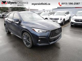<b>Certified, Low Mileage, Navigation,  Cooled Seats,  Leather Seats,  Wireless Charging,  Apple CarPlay!</b><br> <br>  Compare at $51196 - Our Price is just $49705! <br> <br>   This 2023 Infiniti QX50 is equipped for the modern world, with features and tech that are both sophisticated and simple. This  2023 INFINITI QX50 is for sale today in Ottawa. <br> <br>With stylish exterior looks and an upscale interior, this Infiniti QX50 rubs shoulders with the best luxury crossovers in the segment. Focusing on engaging on-road dynamics with dazzling styling, the QX50 is a fantastic option for those in pursuit of cutting-edge refinement. The interior exudes unpretentious luxury, with a suite of smart tech that ensures youre always connected and safe when on the road.This low mileage  SUV has just 16,209 kms and is a Certified Pre-Owned vehicle. Its  blue in colour  . It has an automatic transmission and is powered by a  268HP 2.0L 4 Cylinder Engine.  And its got a certified used vehicle warranty for added peace of mind. <br> <br> Our QX50s trim level is SPORT. This Sport trim steps things up with ventilated and heated leather-trimmed seats with power adjustment and lumbar support, inbuilt navigation, an express open/close dual panel sunroof with slide and tilt function and a power sunshade, and a 12-speaker Bose premium audio speaker with active noise cancellation. Additional features include proximity keyless entry with remote start, dual-zone climate control, a power liftgate for rear cargo access, programmable LED headlights with high beam assist, wireless mobile device charging, and two HD center screens handling infotainment and HVAC duties, with the former bundled with wireless Apple CarPlay and Android Auto, Wi-Fi hotspot, Siri Eyes Free, and SiriusXM satellite radio. Road safety is taken care of thanks to blind spot detection, adaptive cruise control, an aerial view camera system, predictive forward collision warning with forward emergency braking, lane departure warning, lane keeping assist, front and rear collision mitigation, front and rear parking sensors, and a rearview camera. This vehicle has been upgraded with the following features: Navigation,  Cooled Seats,  Leather Seats,  Wireless Charging,  Apple Carplay,  Android Auto,  4g Wi-fi. <br> <br>To apply right now for financing use this link : <a href=https://www.myersinfiniti.ca/finance/ target=_blank>https://www.myersinfiniti.ca/finance/</a><br><br> <br/>Rigorous Certification ProcessEvery CERTIFIED INFINITI vehicle gets an obsessively detailed inspection prior to earning the CERTIFIED status. An INFINITI-trained technician ensures the highest standards for each vehicle, in a 169-point inspection process.72-month/160,000km Warranty** In effect for period of 72 months or 160,000kms (whichever comes first) from the vehicles original in-service dateINFINITIs Warranty provides coverage for 72 months or 160,000kms (whichever comes first) from your vehicles original in-service date. Over 1900 components are covered including:Engine: Cylinder heads and block and all internal parts, rocker covers and oil pan, valvetrain and front cover, timing chain and tensioner, oil pump and fuel pump, fuel injectors, intake and exhaust manifolds and turbocharger, flywheel, seals and gasketsTransmission and Transfer Case: Case and all internal parts, torque converter and converter housing, automatic transmission control module, transfer case and all internal parts, seals and gaskets, and electronic transmission controlsDrivetrain: Drive shafts, final drive housing and all internal parts, propeller shafts, universal joints, bearings, seals and gaskets$0 Deductible: No deductibles for repairs covered under the Powertrain WarrantyCertified INFINITI BenefitsCertified INFINITI vehicles offer all the exciting performance, innovation and reliability of a INFINITI, with value and peace-of-mind at the heart of the experience. 72 month/160,000kms* WarrantyEasy Financing with INFINITI Financial Services24/7 Premium Roadside Assistance1Rental Vehicle AssistancePersonalized Trip PlanningSirius Satellite Radio Trial210 day/1,500km exchange promise1 In effect for period of 72 months or 160,000kms (whichever comes first) from the vehicles original in-service date2 Available on compatible modelsINFINITIs Executive Protection PlanCustomized Protection: Executive plans provide up to 96 months / 200,000kms1 of extended coverage.Talk to your INFINITI dealer about Executive Protection Plans on your Certified INFINITI.1 In effect for period of 72 months or 160,000kms (whichever comes first) from the vehicles original in-service date<br> <br/><br> Buy this vehicle now for the lowest bi-weekly payment of <b>$443.15</b> with $0 down for 84 months @ 11.00% APR O.A.C. ( taxes included, and licensing fees   ).  See dealer for details. <br> <br>*LIFETIME ENGINE TRANSMISSION WARRANTY NOT AVAILABLE ON VEHICLES WITH KMS EXCEEDING 140,000KM, VEHICLES 8 YEARS & OLDER, OR HIGHLINE BRAND VEHICLE(eg. BMW, INFINITI. CADILLAC, LEXUS...)<br> Come by and check out our fleet of 30+ used cars and trucks and 100+ new cars and trucks for sale in Ottawa.  o~o