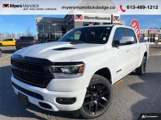 <b>Navigation,  Heated Seats,  4G Wi-Fi,  Heated Steering Wheel,  Forward Collision Alert!</b><br> <br> <br> <br>Call 613-489-1212 to speak to our friendly sales staff today, or come by the dealership!<br> <br>  Discover the inner beauty and rugged exterior of this stylish Ram 1500. <br> <br>The Ram 1500s unmatched luxury transcends traditional pickups without compromising its capability. Loaded with best-in-class features, its easy to see why the Ram 1500 is so popular. With the most towing and hauling capability in a Ram 1500, as well as improved efficiency and exceptional capability, this truck has the grit to take on any task.<br> <br> This bright white Crew Cab 4X4 pickup   has an automatic transmission and is powered by a  395HP 5.7L 8 Cylinder Engine.<br> <br> Our 1500s trim level is Sport. This RAM 1500 Sport throws in some great comforts such as power-adjustable heated front seats with lumbar support, dual-zone climate control, power-adjustable pedals, deluxe sound insulation, and a heated leather-wrapped steering wheel. Connectivity is handled by an upgraded 12-inch display powered by Uconnect 5W with inbuilt navigation, mobile internet hotspot access, smart device integration, and a 10-speaker audio setup. Additional features include power folding exterior mirrors, a power rear window with defrosting, class II towing equipment including a hitch, wiring harness and trailer sway control, heavy-duty suspension, cargo box lighting, and a locking tailgate. This vehicle has been upgraded with the following features: Navigation,  Heated Seats,  4g Wi-fi,  Heated Steering Wheel,  Forward Collision Alert,  Climate Control,  Aluminum Wheels. <br><br> View the original window sticker for this vehicle with this url <b><a href=http://www.chrysler.com/hostd/windowsticker/getWindowStickerPdf.do?vin=1C6SRFVTXRN154257 target=_blank>http://www.chrysler.com/hostd/windowsticker/getWindowStickerPdf.do?vin=1C6SRFVTXRN154257</a></b>.<br> <br>To apply right now for financing use this link : <a href=https://CreditOnline.dealertrack.ca/Web/Default.aspx?Token=3206df1a-492e-4453-9f18-918b5245c510&Lang=en target=_blank>https://CreditOnline.dealertrack.ca/Web/Default.aspx?Token=3206df1a-492e-4453-9f18-918b5245c510&Lang=en</a><br><br> <br/>    0% financing for 36 months. 4.99% financing for 96 months. <br> Buy this vehicle now for the lowest weekly payment of <b>$259.80</b> with $0 down for 96 months @ 4.99% APR O.A.C. ( Plus applicable taxes -  $1199  fees included in price    ).  Incentives expire 2024-02-29.  See dealer for details. <br> <br>If youre looking for a Dodge, Ram, Jeep, and Chrysler dealership in Ottawa that always goes above and beyond for you, visit Myers Manotick Dodge today! Were more than just great cars. We provide the kind of world-class Dodge service experience near Kanata that will make you a Myers customer for life. And with fabulous perks like extended service hours, our 30-day tire price guarantee, the Myers No Charge Engine/Transmission for Life program, and complimentary shuttle service, its no wonder were a top choice for drivers everywhere. Get more with Myers!<br> Come by and check out our fleet of 50+ used cars and trucks and 110+ new cars and trucks for sale in Manotick.  o~o