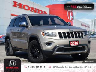 <p><strong>GREAT SUV! NO REPORTED ACCIDENTS! WORTH TAKING A LOOK AT!</strong> 2015 Jeep Grand Cherokee Limited featuring eight speed automatic transmission, five passenger seating, auto-on/off headlights, rearview camera, Bluetooth, AM/FM/CD stereo system with USB and auxiliary inputs, steering wheel mounted controls, cruise control, air conditioning, 12V power outlet, power and heated mirrors, power locks, rear door safety locks, remote keyless entry, spacious cargo area, child seat anchors, power windows, split folding rear seats, spacious cargo area, electronic stability control and anti-lock braking system. Contact Cambridge Centre Honda for special discounted finance rates, as low as 8.99% on approved credit.</p>

<p><span style=color:#ff0000><strong>FREE $25 GAS CARD WITH TEST DRIVE!</strong></span></p>

<p>Our philosophy is simple. We believe that buying and owning a car should be easy, enjoyable and transparent. Welcome to the Cambridge Centre Honda Family! Cambridge Centre Honda proudly serves customers from Cambridge, Kitchener, Waterloo, Brantford, Hamilton, Waterford, Brant, Woodstock, Paris, Branchton, Preston, Hespeler, Galt, Puslinch, Morriston, Roseville, Plattsville, New Hamburg, Baden, Tavistock, Stratford, Wellesley, St. Clements, St. Jacobs, Elmira, Breslau, Guelph, Fergus, Elora, Rockwood, Halton Hills, Georgetown, Milton and all across Ontario!</p>