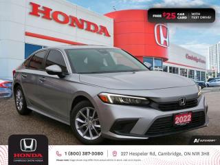 <p><strong>HONDA CERTIFIED USED VEHICLE! VERY LOW MILEAGE! WON'T LAST LONG! </strong>2022 Honda Civic EX featuring CVT transmission, five passenger seating, rearview camera with guidelines, push button start, remote engine starter, power sunroof, Apple CarPlay™ and Android Auto™ connectivity, Siri® Eyes Free compatibility, ECON mode, Bluetooth, AM/FM audio system with two USB inputs, steering wheel mounted controls, cruise control, air conditioning, dual climate zones, heated front seats, two 12V power outlet, power mirrors, power locks, power windows, Anchors and Tethers for Children (LATCH), The Honda Sensing Technologies - Adaptive Cruise Control, Forward Collision Warning system, Collision Mitigation Braking system, Lane Departure Warning system, Lane Keeping Assist system and Road Departure Mitigation system, Blind Spot Information (BSI) system with Rear Cross Traffic Monitor system, remote keyless entry, auto on/off headlights, LED fog lights, electronic stability control and anti-lock braking system. Contact Cambridge Centre Honda for special discounted finance rates, as low as 8.99%, on approved credit from Honda Financial Services.</p>

<p><span style=color:#ff0000><strong> FREE $25 GAS CARD WITH TEST DRIVE!</strong></span></p>

<p>Our philosophy is simple. We believe that buying and owning a car should be easy, enjoyable and transparent. Welcome to the Cambridge Centre Honda Family! Cambridge Centre Honda proudly serves customers from Cambridge, Kitchener, Waterloo, Brantford, Hamilton, Waterford, Brant, Woodstock, Paris, Branchton, Preston, Hespeler, Galt, Puslinch, Morriston, Roseville, Plattsville, New Hamburg, Baden, Tavistock, Stratford, Wellesley, St. Clements, St. Jacobs, Elmira, Breslau, Guelph, Fergus, Elora, Rockwood, Halton Hills, Georgetown, Milton and all across Ontario!</p>
