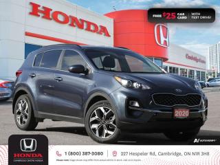 <p><strong>GREAT FAMILY FRIENDLY SUV! IN EXCELLENT SHAPE! TEST DRIVE TODAY!</strong> 2020 Kia Sportage EX featuring six speed automatic transmission, five passenger seating, auto-on/off headlights, AM/FM stereo system with USB and auxiliary inputs, Apple CarPlay and Android Auto connectivity, Bluetooth, rearview camera, steering wheel mounted controls, keyless ignition, cruise control, air conditioning, power and heated mirrors, power locks, remote keyless entry, one-touch power windows, rear door child safety locks, child seat anchors, tire pressure monitoring system, split fold rear seat, spacious cargo area, electronic stability control and anti-lock braking system. Contact Cambridge Centre Honda for special discounted finance rates, as low as 8.99% on approved credit.</p>

<p><span style=color:#ff0000><strong>FREE $25 GAS CARD WITH TEST DRIVE!</strong></span></p>

<p>Our philosophy is simple. We believe that buying and owning a car should be easy, enjoyable and transparent. Welcome to the Cambridge Centre Honda Family! Cambridge Centre Honda proudly serves customers from Cambridge, Kitchener, Waterloo, Brantford, Hamilton, Waterford, Brant, Woodstock, Paris, Branchton, Preston, Hespeler, Galt, Puslinch, Morriston, Roseville, Plattsville, New Hamburg, Baden, Tavistock, Stratford, Wellesley, St. Clements, St. Jacobs, Elmira, Breslau, Guelph, Fergus, Elora, Rockwood, Halton Hills, Georgetown, Milton and all across Ontario!</p>