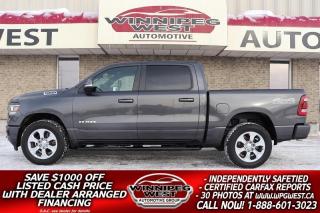 **Cash Price: $39,800. Finance Price: $38,800. (SAVE $1,000 OFF THE LISTED CASH PRICE WITH DEALER ARRANGED FINANCING O.A.C.) Plus PST/GST. No Administration Fees. 

SHARP & CLEAN, LOADED NEW GENERATION RAM 1500 BIG HORN LVL II GREAT LOOKS, CUSTOM ORDERED TRUCK, EQUIPPED WITH LOTS OF EXTRAS, INCLUDING THE SPORT PACKAGE, KATZKIN LEATHER POWER HEATED SEATS & MORE - WOW WHAT A NICE TRUCK!! - 2019 RAM 1500 CREW CAB BIG HORN LEVEL II SPORT EDITION HEMI V8 4X4 LOADED WITH ALL THE RIGHT OPTIONS! 
  
- 5.7L Hemi V8 (producing 395 hp and 410lb-ft of torque) with Fuel Saver MDS
- 8 Speed automatic 
- Auto 4X4 with 3 stage transfer case 
- Hard to find Big Horn Level 2 Equipment Group (over $3,000 worth of unique upgrades)
- Custom ordered with Sport Appearance package including painted to match bumpers/grill/handles
- 5-Passenger power Bucket seating with Full size large center console
- Heated Leather Katzkin leather seats and steering wheel
- Big 8.4" touchscreen multi-media infotainment system
- Premium Audio with Satellite input
- Media hub with multi-USB and AUX input 
- Android Auto and Apple Cap Play
- Dual zone auto climate control
- Power Rear Sliding Window
- Premium Lighting Group (LED headlights, tail lamps, and fog lights)
- Power Pedals
- Keyless Enter n Go with push button start and factory remote starter
- Front and Rear park assist with ParkView Rear BackUp Camera
- Factory Tow package with power folding heated mirrors 
- Full BIG HORN LVL II appearance package
- Full Factory Sport Appearance pkg
- HD Black side steps
- Spray-in Box liner 
- 4X4 Off Road Package
- Dual Exhaust
- 20-inch premium sport alloys on near new A/S tires
- Read Below for More info... 

STUNNING LOOKS, SPORT EDITION PACKAGE FINISHEDI N GRANITE CRYSTAL METALLIC,  VERY WELL EQUIPPED NEW GENERATION RAM, EXCEPTIONALLY CLEAN AND IN PREMIUM CONDITION INSIDE AND OUT! THIS IS NOT A RENTAL SPEC UNIT, BUT A WELL EQUIPPED, CUSTOM ORDERED - ONE OWNER BIG HORN LVL II  LOADED WITH ALL THE RIGHT OPTIONS, NO FUSS WORK OR PLAY TRUCK!  2019 RAM 1500 BIGHORN LEVEL II WITH SPORT APPEARANCE CREW CAB HEMI OFF RD 4X4! This Big Horn Crew is equipped with the IMPROVED 5.7L Hemi V8 producing 395 hp and 410 lb-ft of torque and is matched to an 8-speed automatic and auto 4X4 with 3 stage transfer case.  From the ground up you know youre not in "every other RAM". The exterior LEDs front to back and matched with the Sport appearance package set this truck apart! Fully equipped with the Big Horn Level 2 Equipment Group youll want for nothing. You get all the standard options like air, cruise, tilt, PW, PL, rear heat/air vent, power pedals, power sliding rear window, rear window defroster, then add in the power Bucket seating with full console, add in the special ordered Katzkin Leather on the factory heated seats, & heated steering wheel, leather wrapped steering wheel, New Generation 8.4" touchscreen infotainment system with media hub, AUX, USB, satellite input, Apple Car Play and Android Auto for mobile devices, front and rear park assist, back up camera, power folding mirrors, remote start, over head console, remote entry, spray in box liner, Factory Ram dual exhaust,  Ram Black side steps, Painted to match bumpers/grill/handles and trim, LED head lamps and tail lamps along with LED fog light and the look is really finished off nicely with the 20" chrome sport alloy wheels. Gorgeous truck in all respects that will pull anything you need for work or pleasure. 

Comes with a fresh Manitoba Safety Certification, a 1 owner NO - ACCIDENT CARFAX history report, PLUS we have many unlimited KM warranty options available to choose from. Save big $$ from new! ON SALE NOW (HUGE VALUE!!) Zero down financing available OAC. Please see dealer for details. Trades accepted. View at Winnipeg West Automotive Group, 5195 Portage Ave. Dealer permit # 4365, Call now 1 (888) 601-3023.