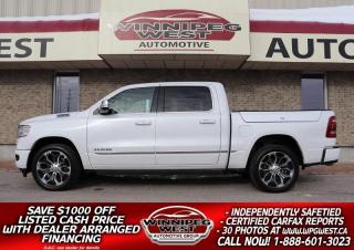 **Cash Price: $51,800. Finance Price: $50,800. (SAVE $1,000 OFF THE LISTED CASH PRICE WITH DEALER ARRANGED FINANCING O.A.C.) Plus PST/GST. No Administration Fees. 

WHAT A STUNNING TRUCK - SHOWS LIKE NEW AND EQUIPPED WITH ALMOST EVERY CONCIEVABLE OPTION RAM MAKES FOR A TRUCK! THIS LIMITED EDITION RAM ECO DIESEL 1500 HAS IT ALL WITH THE  HTD/COOLED LEATHER SEATS, 12" TOUCHSCREEN, PAN ROOF, RAM BOXES AND MORE. STUNNING IN PEARL WHITE AND CHROME. THIS TRUCK HAS IT ALL & ESPECIALLY GREAT LOOKS!!

- Fuel Sipping 3.0L Eco Diesel (producing an Amazing 480lb-ft of torque)
- 8 Speed automatic 
- Auto 4X4 with 3 stage transfer case 
- Anti-spin differential 
- 3.92 rear axle ratio
- eLocker electronic locking rear differential
- Power memory 5 Passenger sport seating with upgraded full length large center console 
- Beautiful LIMITED Edition  Light Frost double stitched leather seats 
- Heated & cooled front AND rear seats
- Heated steering wheel 
- Power Pedals
- Huge Dual-pane panoramic sunroof 
- Huge 12" Uconnect 4C touchscreen infotainment system with navigation
- Harmon Kardon 19 speaker audio with Satellite input
- Media hub with multi-port USB and AUX input 
- Android Auto and Apple Cap Play 
- Wireless charging station
- Dual zone auto climate control with humidity sensor
- Rain sensing wipers
- Power factory retractable Running boards 
- Forward collision warning
- Blind spot and Cross path detection
- Adaptive Cruise with full braking
- Lane departure with corrective steering  
- Parallel & Perpendicular Park Assist with Stop 
- LED headlights, tail lamps and fog lights
- Key-less Enter n Go with push button start
- Factory remote starter 
- Remote tailgate release 
- Front and Rear Park assist
- Backup camera
- HD Tow Package with brake controller
- Split 3-way Tailgate 
- Ram Box Cargo Management System 
- Spray in box liner
- Nice Tri -Fold Hard Tonneau Box Cover
- 124litre (27.4gallon) fuel tank 
- Sport Performance Hood
- Painted Bumper Group
- 22" Forged alloy wheels on Near New BFG Trail Terrain A/T tires
- Read Below for More info... 

WHY SPEND OVER $100,000 TO BUY ONE TODAY, IF YOU CAN EVEN FIND ONE?!?!  YOU CAN SAVE BIG $$ AND BEST OF ALL IT IS STILL SHOWS AS NEW WITH A PERFECT WELL CARED FOR HISTORY!!  THIS BEAUTY IS OVER $100,000 TO REPLACE TODAY - NEW GENERATION & HARD LOADED RAM, STILL AS NEW IN ALL RESPECTS. These trucks are truly loaded when equipped with the LIMITED level 1 package. Tri-coat Pearl white White 2020 RAM 1500 LARAMIE LIMITED EDITION WITH HARD TO FIND AND FUEL SIPPING 3.0L ECO DIESEL 4X4!  This Limited Crew Cab is equipped with the improved 3.0L Eco Diesel producing 260hp and an amazing 460lb-ft of torque and is matched to an 8-speed automatic and auto 4X4 with 3 stage transfer case.  From the ground up you know youre not in "every other RAM". The exterior LEDs front to back plus body-Colour Matched bumpers and grill and sport Performance Hood and sport wheels sets this truck apart! The Limited Level 1 Equipment Group you get all the standard options plus ALL THE UPGRADES including Cross traffic and Blind spot detection, Adaptative Cruise control with Braking, lane departure, park sense front and back, dual zone auto climate control, power pedals, power sliding rear window, power 5 passenger double-stitched Leather Limited seating and large center console, heated & Cooled front AND rear seats, heated steering wheel, Huge dual-pane panoramic sunroof, leather wrapped steering wheel with controls and upgraded Uconnect 4C with the HUGE 12" touchscreen infotainment system with navigation.  Your music is also upgraded to the 19 speaker Harmon Kardon audio system with media hub, apps, AUX, USB, satellite input, Apple Car Play, Android Auto and Bluetooth for phone and media input.  Safety is not a concern with this truck!!  You get front and rear park assist, blind spot monitoring, forward collision warning, rain-sensing wipers, ActiveLevel 4corner air suspension, rain brake support and the list goes one.  Addition options include power folding mirrors, remote start, key-less Go with push button start, active noise control, LED lighting inside and out, over head console, Full Limited package with colour matched bumpers and grill, handle insets and more, factory power retracting side steps, remote tailgate release, spray-in box liner, with cargo bed tie downs, dual exhaust and so much more!!! Completely Gorgeous truck in all respects that will do everything you want in comfort and safety.  

Comes with a fresh Manitoba Safety Certification, a Clean NO-ACCIDENT Canadian CARFAX history report and  we have many unlimited KM warranty options available to choose from. Save big $$ from new of over to $100,000 to replace today. ON SALE NOW (HUGE VALUE!!) Zero down financing available OAC. Please see dealer for details. Trades accepted. View at Winnipeg West Automotive Group, 5195 Portage Ave. Dealer permit # 4365, Call now 1 (888) 601-3023