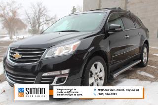 <p><strong>ONE OWNER SASKATCHEWAN VEHICLE EXCELLENT SERVICE RECORDS</strong>.</p>

<p>Our Chevrolet Traverse Premier was <strong>purchased new at a local Regina Dealership and service regularly at that dealership it entire history. Immaculate condition. Carfax reports No serious collisions. Financing Available on site , Trades Encouraged, Aftermarket warranties available to fit every need and budget.</strong> For 2017, the Chevrolet Traverses formerly top-of-the-line LTZ trim is now called Premier. If youre looking to transport a passel of passengers or a boatload of belongings, a crossover SUV such as the 2017 Chevrolet Traverse could work out well. Much of the Traverses appeal comes from its spacious interior, with seating for up to eight passengers in three rows of seats. Fold those second- and third-row seats down, and you have a humongous cargo hold rivaled only by the Chevys mechanical twin, the Buick Enclave. Although its Buick relative is a bit more upscale, the Traverse is far from being a poor second cousin. In fact, in upper trim levels, the Traverse can hold its own in terms of both aesthetics and content, with attractive finishes and many of the same high-end features. Other advantages to buying a Traverse include a comfortable ride and top scores in government and insurance industry crash tests. And though this big crossovers size and wide turning circle can make it a handful in situations like parking garages where space is at a premium, its still much less cumbersome to drive than a full-size SUV such as Chevrolets own Suburban. antilock disc brakes, traction and stability control, front-seat side airbags and full-length side curtain airbags, and a rearview camera. OnStar is also standard and includes automatic crash notification, on-demand roadside assistance, remote door unlocking, stolen vehicle assistance and turn-by-turn navigation. Rear parking sensors are standard on the LT and Premier. A blind-spot and rear cross-traffic monitoring system is also standard on the Premier, as are forward collision alert and lane departure warning. In government crash tests, the Traverse earned a top five-star (out of five) rating for overall performance, with five stars for total front-impact protection and five stars for total side-impact protection. The Traverse also fared well in Insurance Institute for Highway Safety crash tests, in which it received the highest rating of Good in the moderate-overlap frontal-offset, side-impact and roof strength tests. The Traverses seat/head restraint design was also rated Good for whiplash protection in rear impacts. foglights, heated mirrors, rear parking sensors, remote start, an occupant-protection airbag mounted between the front seats, an eight-way power driver seat (with two-way power lumbar) and a leather-wrapped steering wheel. 2LT includes all of the above, plus an auto-dimming rearview mirror, a power liftgate, tri-zone automatic climate control, heated front seats, second-row captains chairs and rear-seat audio controls and headphone jacks. You also get the MyLink infotainment interface, which includes Bluetooth audio connectivity, voice controls, internet radio app integration and a 10-speaker Bose audio system. A Graphite Edition package equips the 2LT with 20-inch wheels, special exterior trim and a navigation system. top-of-the-line Premier model comes with 20-inch alloy wheels, power-folding mirrors, a blind-spot monitoring system, a rear cross-traffic alert system, forward collision warning and lane departure alert. Inside, the Premier boasts leather upholstery, driver memory settings, an eight-way power front passenger seat, ventilated front seats, a heated steering wheel and a navigation system. a panoramic sunroof, a 10-speaker Bose surround-sound audio system.</p>

<p><span style=color:#2980b9><strong>Siman Auto Sales is large enough to make a difference but small enough to care. We are family owned and operated, and have been proudly serving Saskatchewan car buyers since 1998.</strong></span></p>