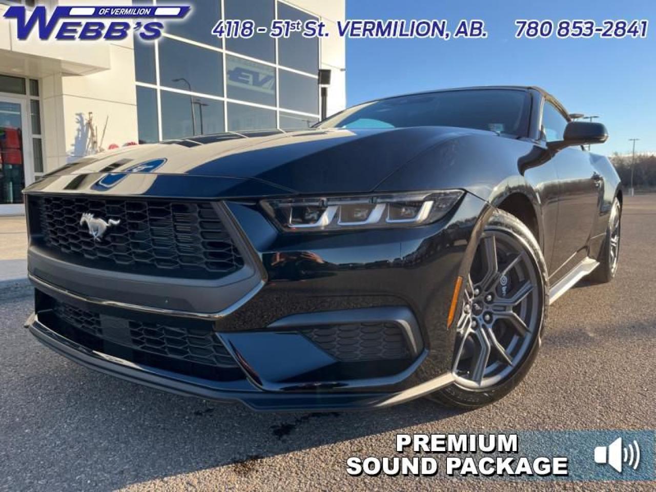 <b>Leather Seats, Ford Co-Pilot360 Assist, Navigation, Premium Audio, High Performance Package!</b><br> <br> <br> <br>  This all-new 2024 Mustang debuts with reworked styling and an all-new interior, but with the same undiluted muscle car heritage. <br> <br>From the roar of the engine to its unmistakable style, this all-new Ford Mustang is guaranteed to raise your heart rate and stir your soul. A performance car through and through, this Mustang offers responsive driving dynamics, a comfortable ride and endless smiles by the mile. Its easy to see why the Ford Mustang is still a true American icon.<br> <br> This shadow black convertible  has a 10 speed automatic transmission and is powered by a  315HP 2.3L 4 Cylinder Engine.<br> <br> Our Mustangs trim level is EcoBoost Premium. The Premium trim of this exhilarating icon adds in heated and ventilated seats with ActiveX upholstery, a heated steering wheel, dual-zone climate control, upgraded aluminum wheels and an upgraded 9-speaker audio system. The great standard features continue with LED headlights, smart device remote engine start, FordPass Connect tracking, smart device integration, and a dazzling 13.2-inch touchscreen with SYNC 4.0 QNX. Safety features include blind spot detection, lane keeping assist with lane departure warning, automatic emergency braking, and front and rear collision mitigation. This vehicle has been upgraded with the following features: Leather Seats, Ford Co-pilot360 Assist, Navigation, Premium Audio, High Performance Package, 19 Inch Aluminum Wheels. <br><br> View the original window sticker for this vehicle with this url <b><a href=http://www.windowsticker.forddirect.com/windowsticker.pdf?vin=1FAGP8UH5R5104174 target=_blank>http://www.windowsticker.forddirect.com/windowsticker.pdf?vin=1FAGP8UH5R5104174</a></b>.<br> <br>To apply right now for financing use this link : <a href=https://www.webbsford.com/financing/ target=_blank>https://www.webbsford.com/financing/</a><br><br> <br/> Total  cash rebate of $1000 is reflected in the price. Credit includes $1,000 Delivery Allowance.  4.99% financing for 84 months. <br> Buy this vehicle now for the lowest bi-weekly payment of <b>$405.96</b> with $0 down for 84 months @ 4.99% APR O.A.C. ( taxes included, $149 documentation fee   / Total cost of borrowing $11574   ).  Incentives expire 2025-03-31.  See dealer for details. <br> <br>Webbs Ford is located at 4118 - 51st Street in beautiful Vermilion, AB. <br/>We offer superior sales and service for our valued customers and are committed to serving our friends and clients with the best services possible. If you are looking to set up a test drive in one of our new Fords or looking to inquire about financing options, please call (780) 853-2841 and speak to one of our professional staff members today.   Vehicle pricing offer shown expire 2025-03-31.  o~o